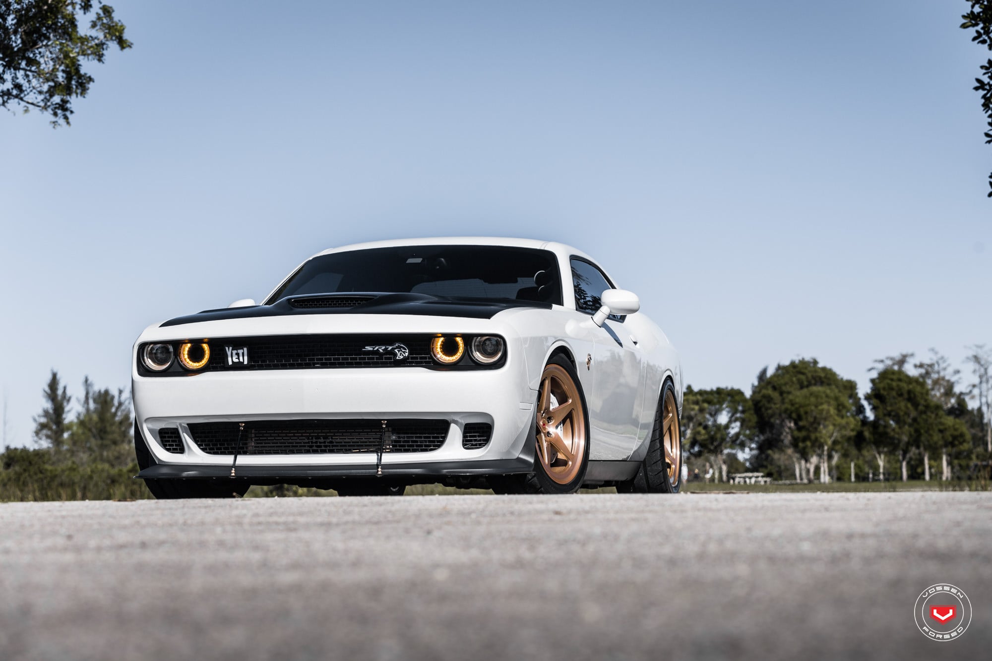 Aftermarket Vented Hood on White Dodge Challenger SRT - Photo by Vossen