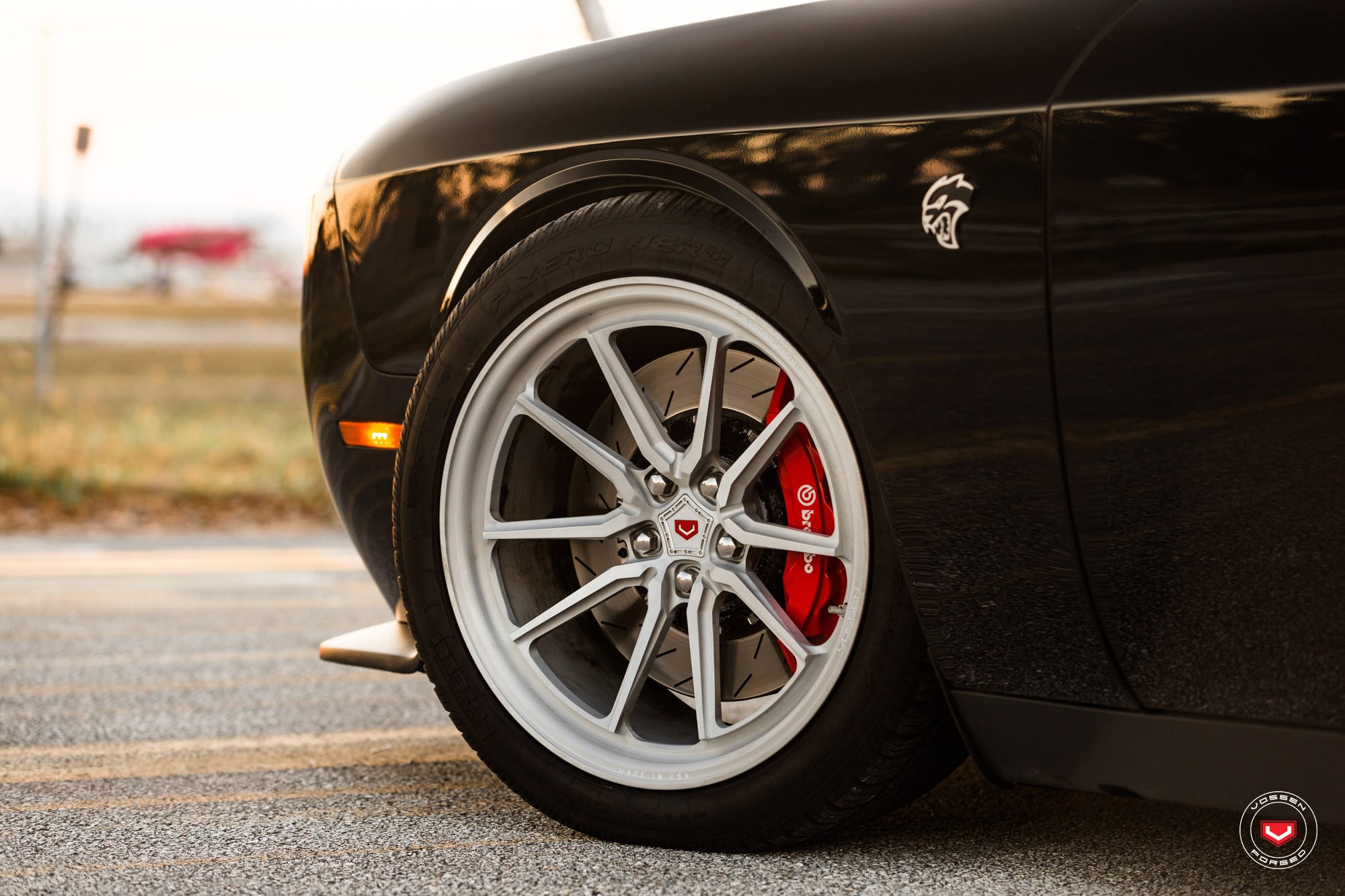 Silver Forged Vossen Wheels on Black Dodge Challenger - Photo by Vossen