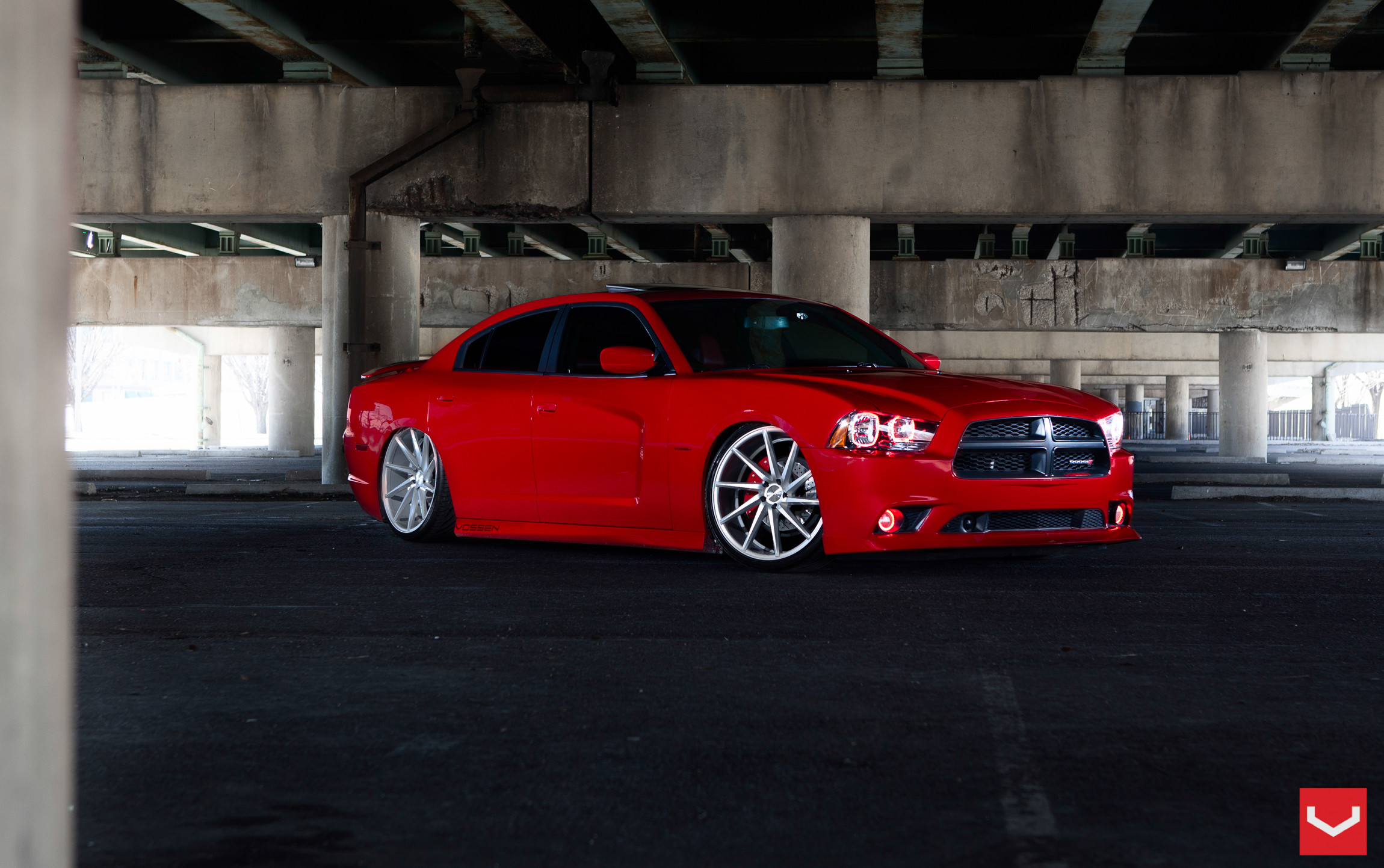 Lowered Red Dodge Charger with Custom Body Kit - Photo by Vossen