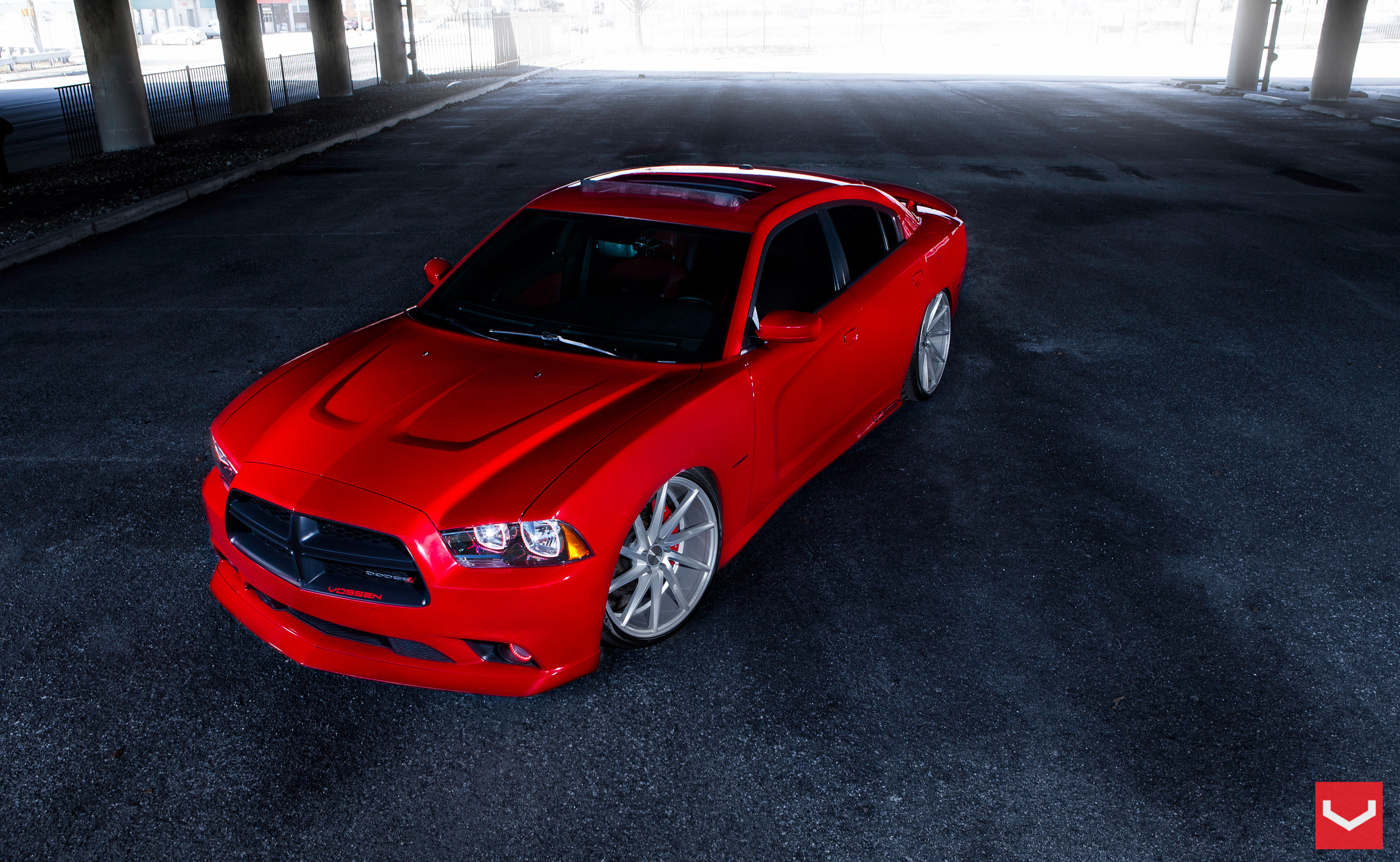 Aftermarket Hood on Lowered Red Dodge Charger - Photo by Vossen
