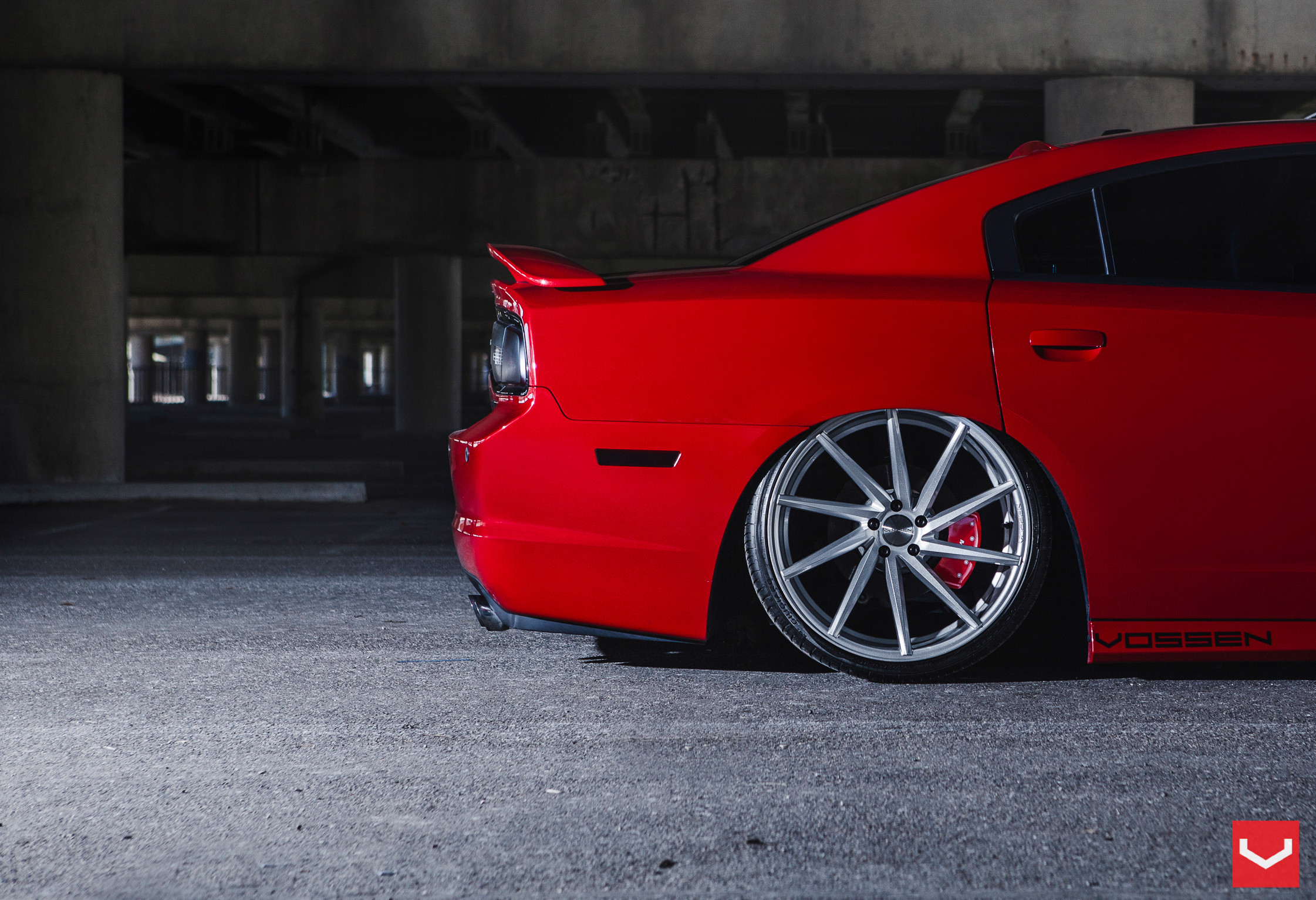Red Dodge Charger with Custom Rear Wing Spoiler - Photo by Vossen