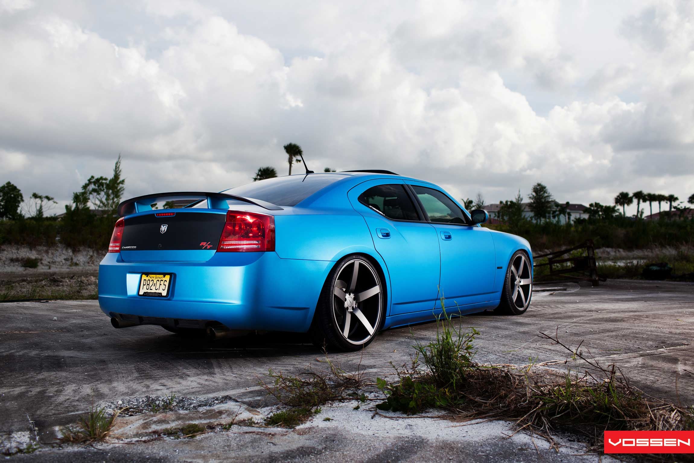 Dark Smoke Vossen Wheels on Blue Dodge Charger - Photo by Vossen