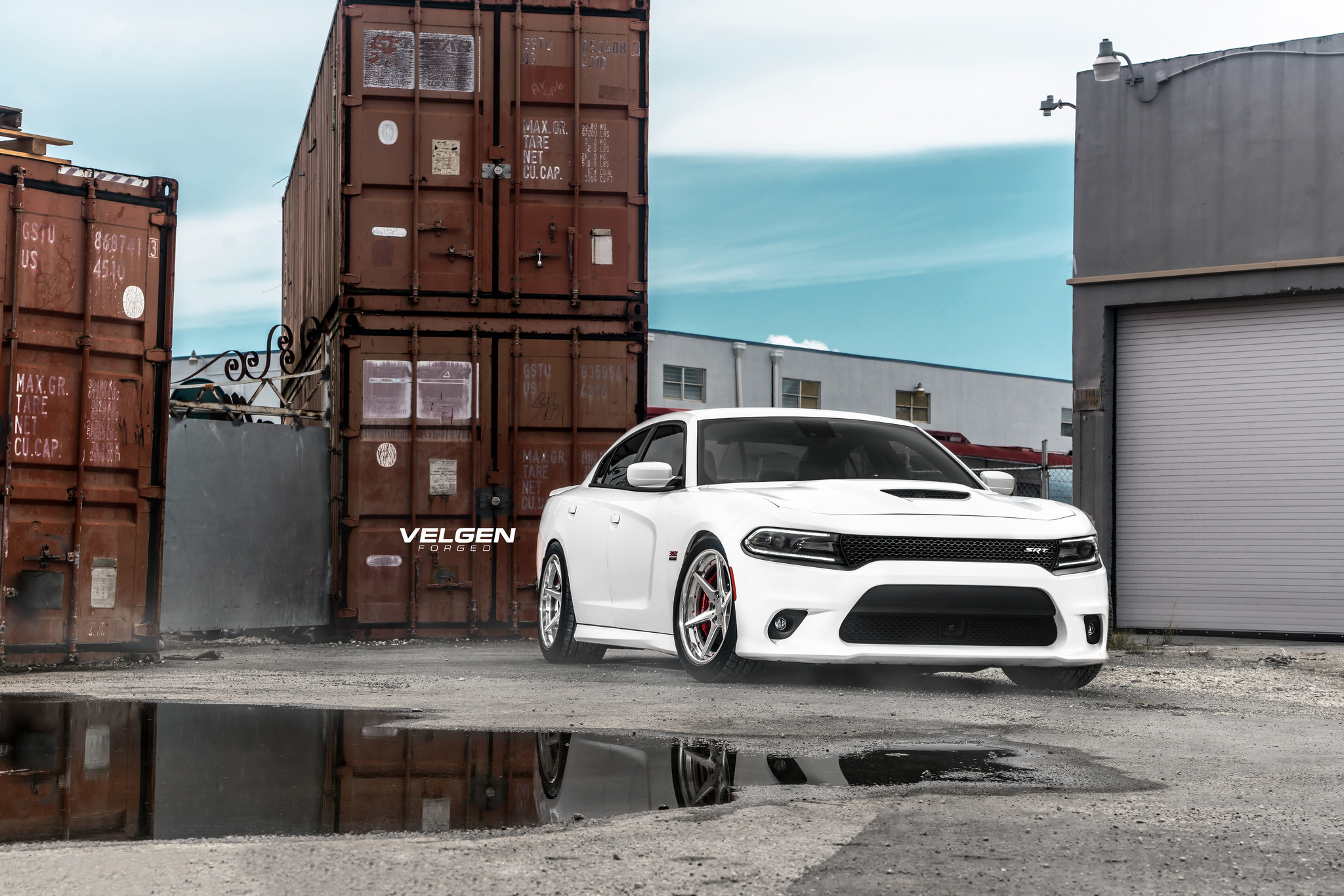 White Dodge Charger with Dark Smoke LED Headlights - Photo by Velgen