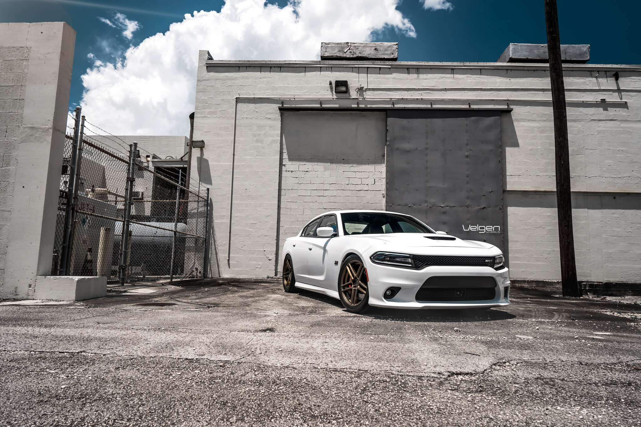 White Dodge Charger with Custom Hood - Photo by Velgen