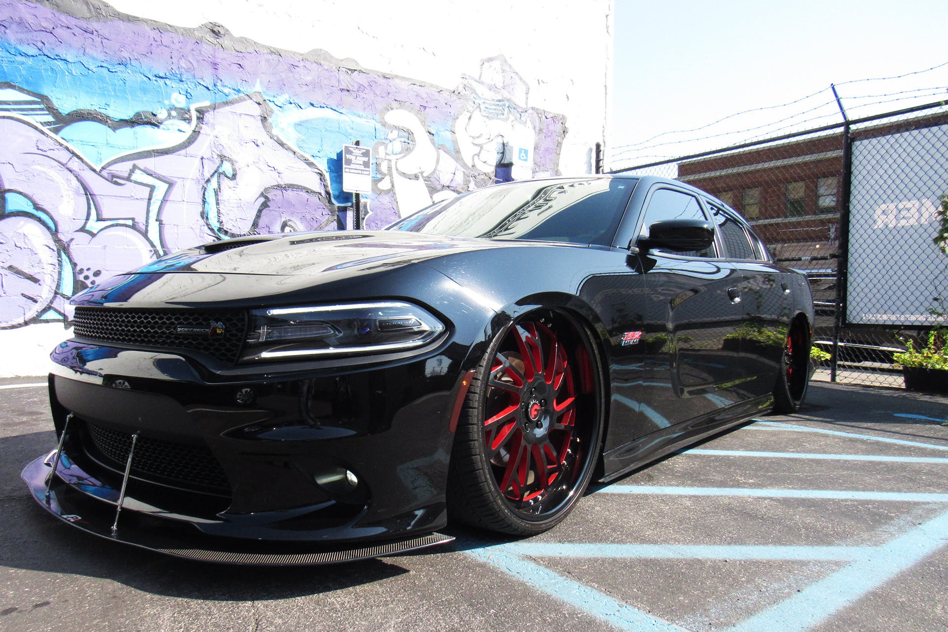 Carbon Fiber Front Lip on Black Dodge Charger Hemi - Photo by Forgiato