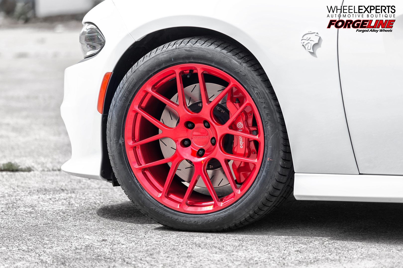 White Dodge Charger with Gloss Red Forgeline Rims - Photo by Forgeline Motorsports