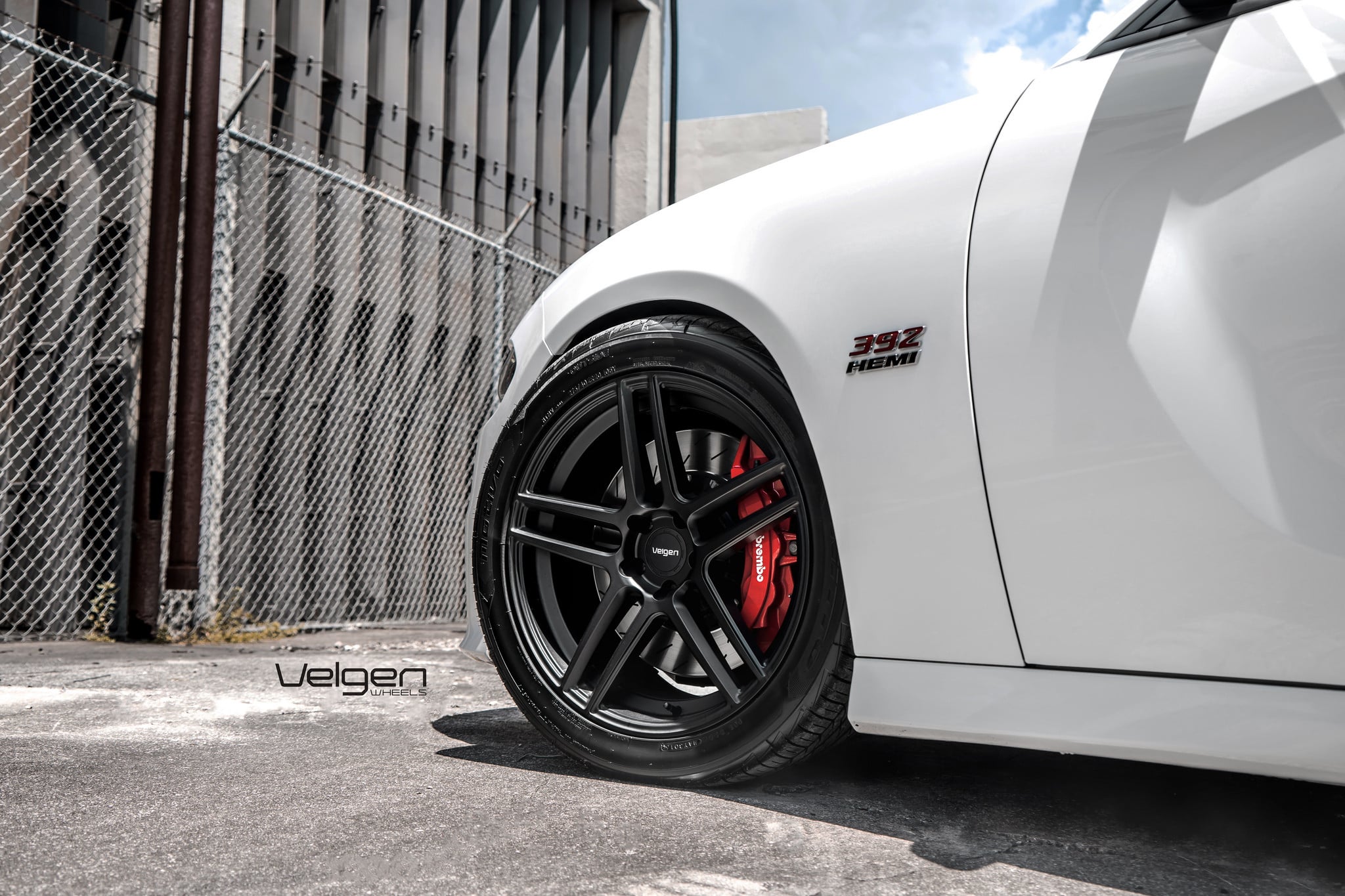 Velgen Rims with Brembo Brakes on White Dodge Charger - Photo by Velgen