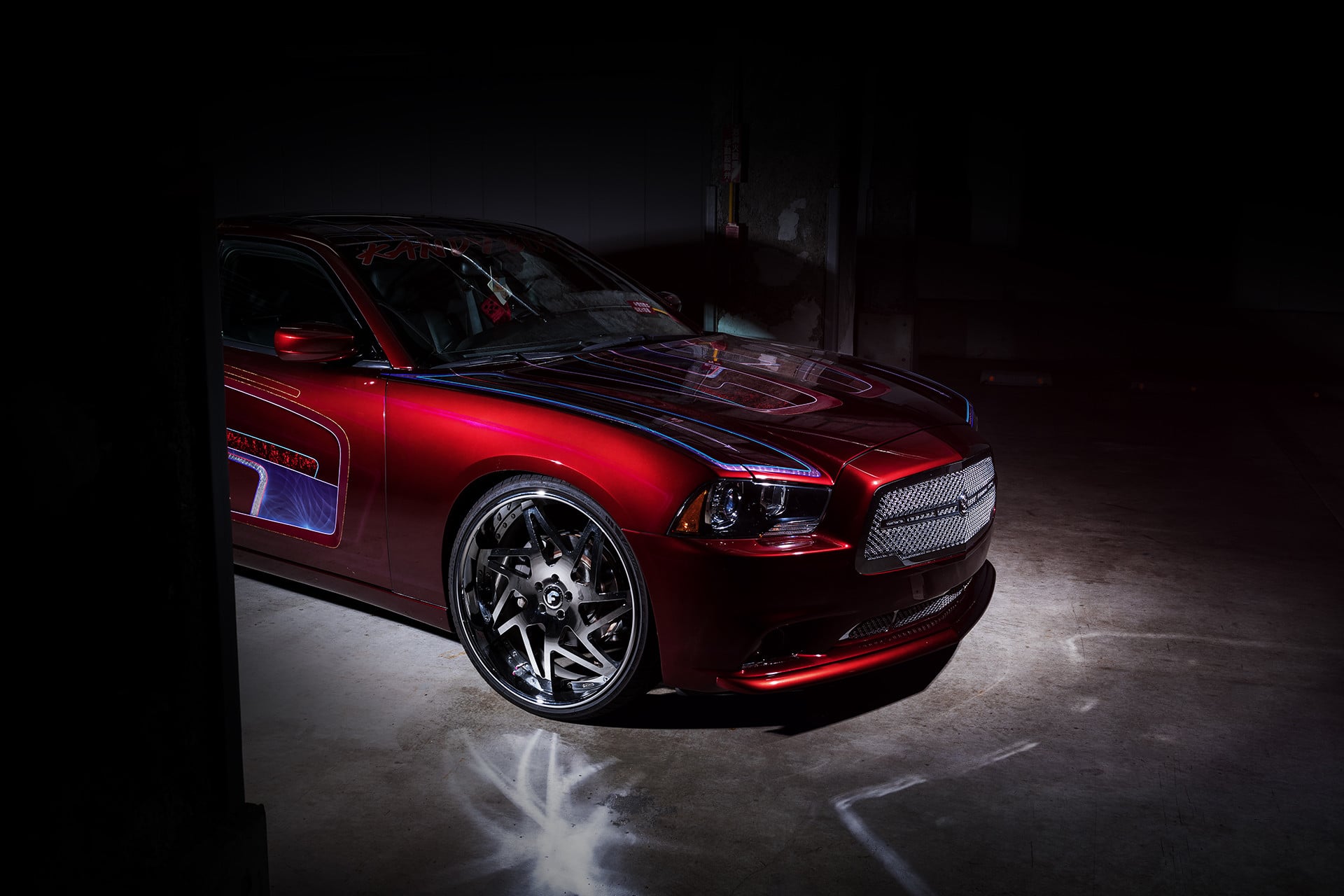 Custom Red Dodge Charger Front Bumper - Photo by Forgiato