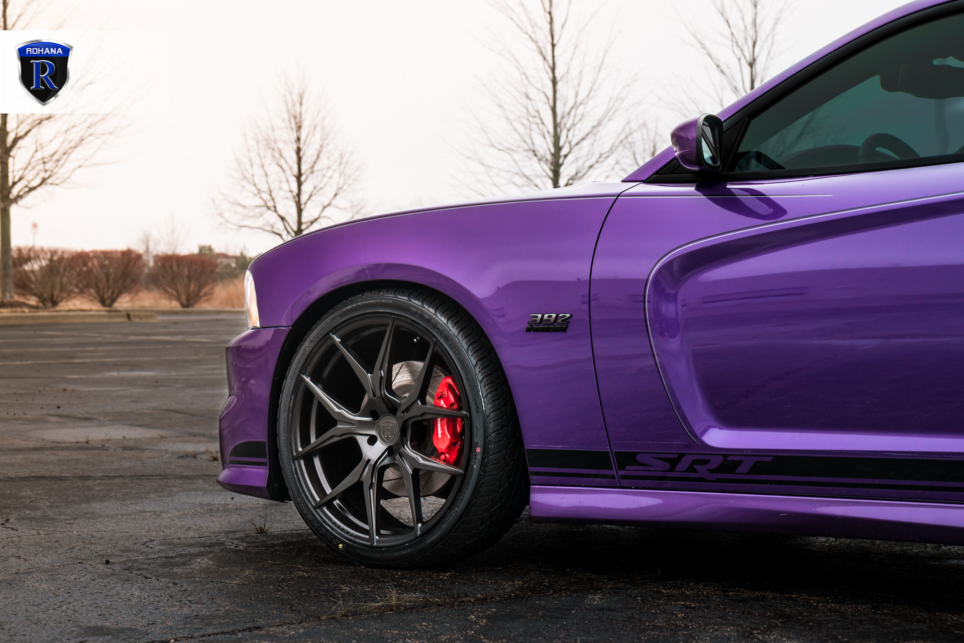 Aftermarket Side Skirts on Purple Dodge Charger SRT - Photo by Rohana Wheels