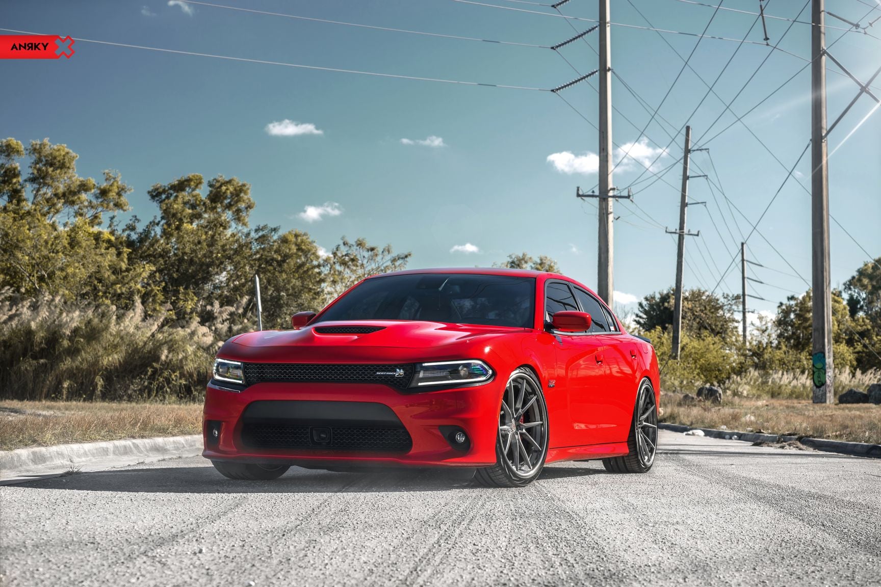 Custom Vented Hood on Red Dodge Charger SRT - Photo by Anrky Wheels