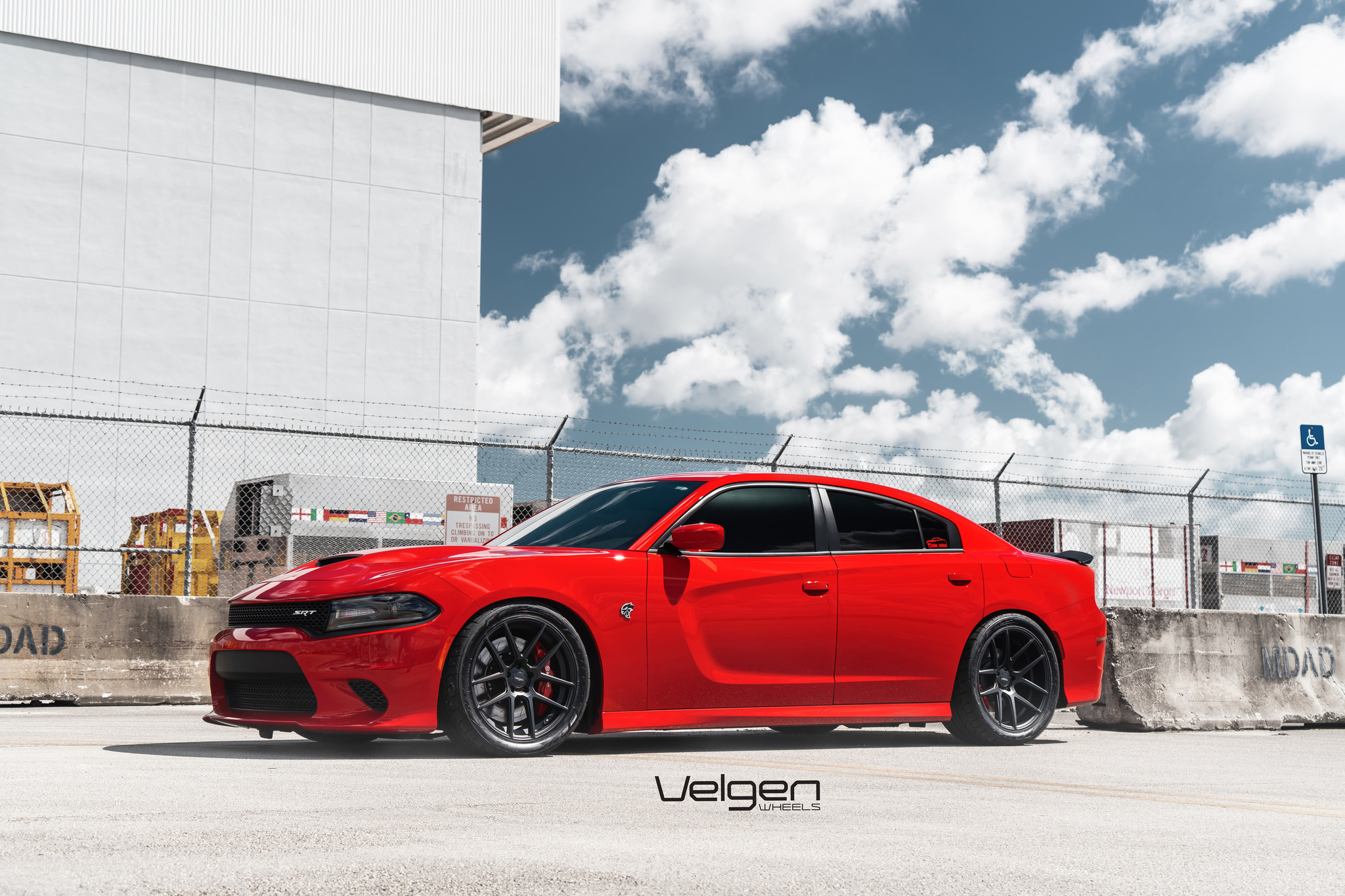 Red Dodge Charger SRT with Dark Smoke Headlights - Photo by Velgen Wheels