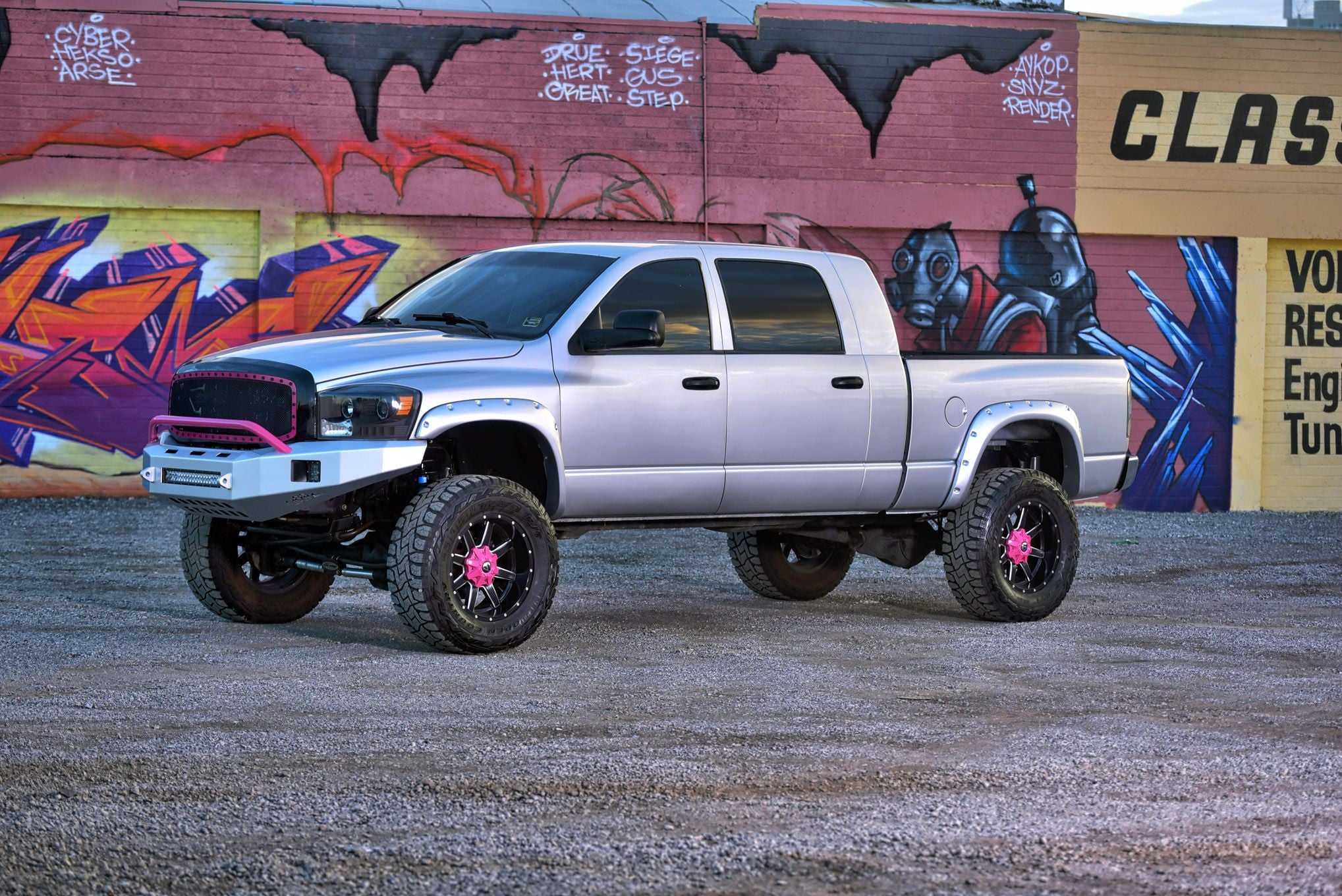 Mesh Grille with Pink Overlay on Gray Lifted Dodge Ram - Photo by Eddie Maloney