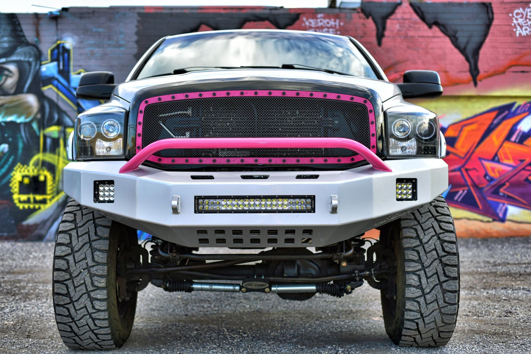 Off-Road Front Bumper with LED Lights on Gray Dodge Ram - Photo by Eddie Maloney
