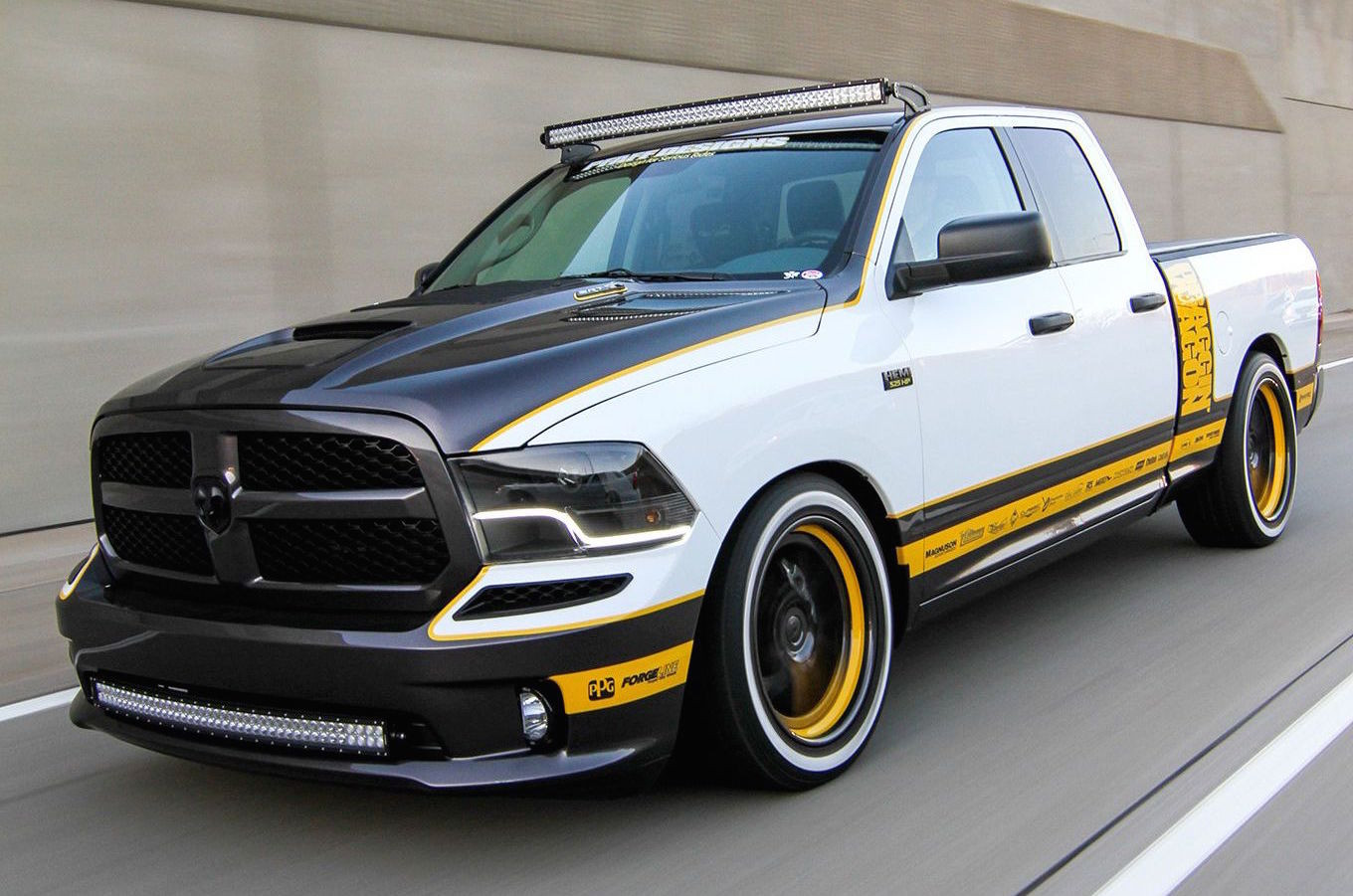 LED Light Bars on White Debadged Dodge Ram - Photo by Forgeline Motorsports
