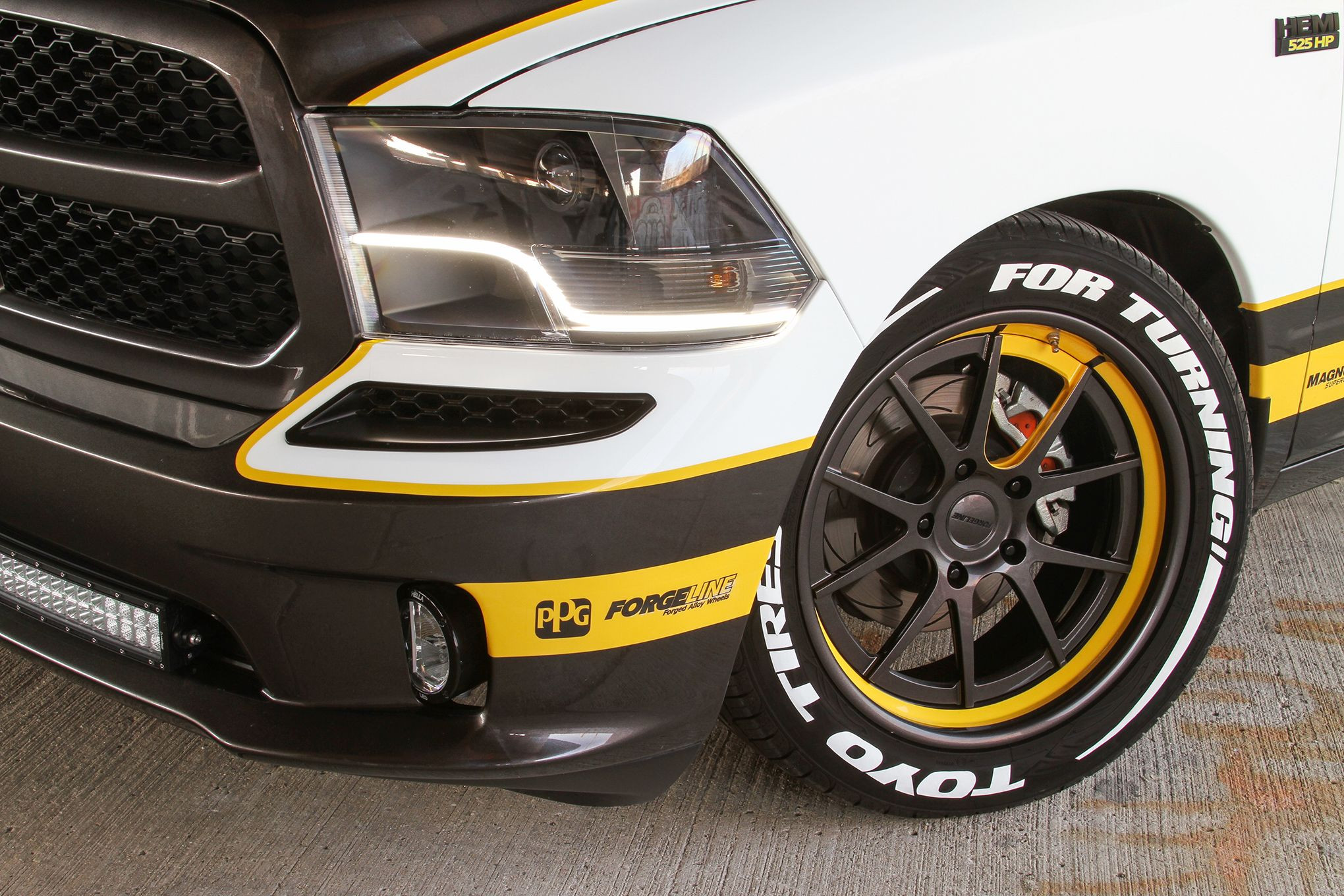 Aftermarket Dark Smoke Headlights on White Dodge Ram - Photo by Forgeline Motorsports