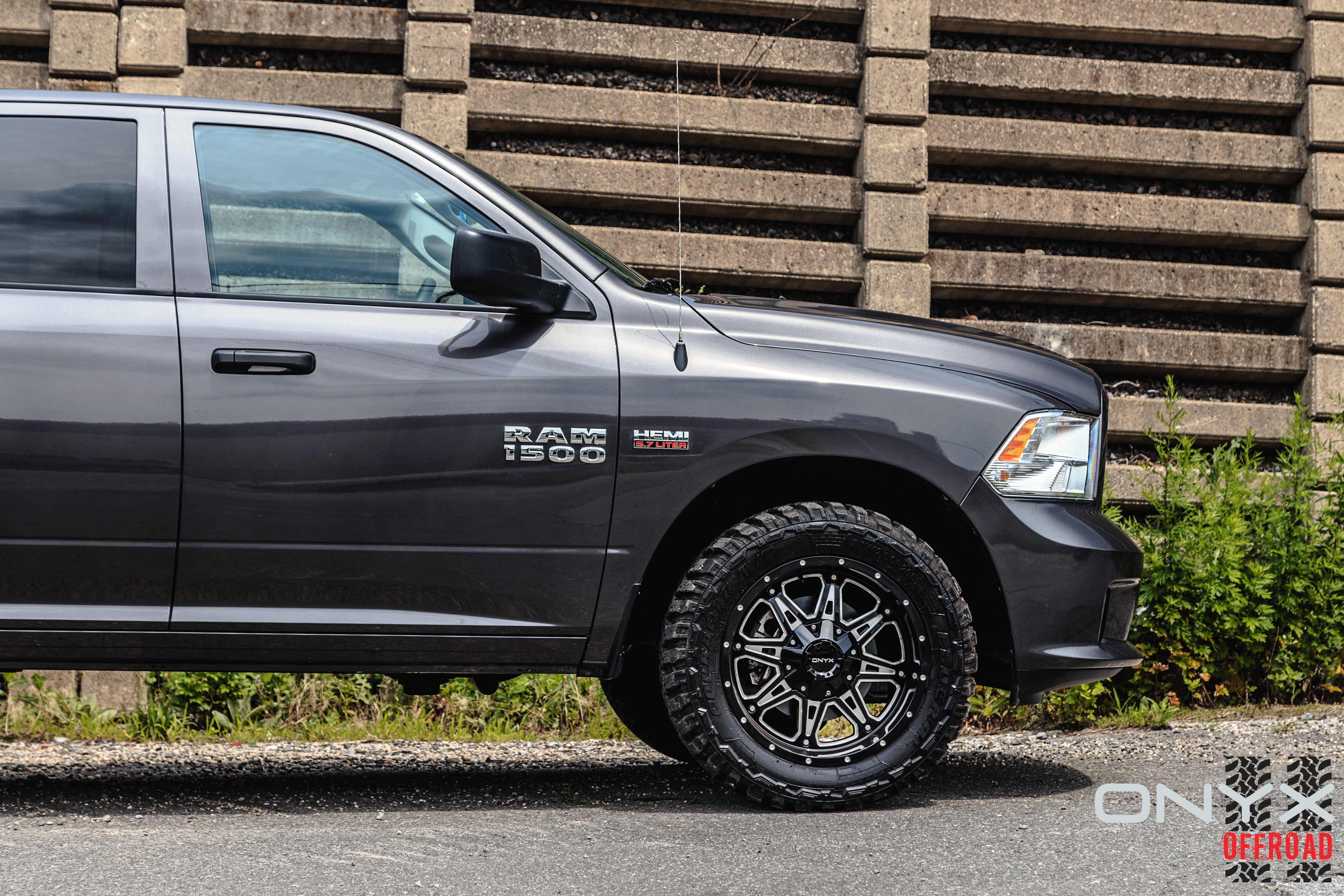 Black Machined Onyx Wheels on Gray Dodge Ram - Photo by Onyx Offroad