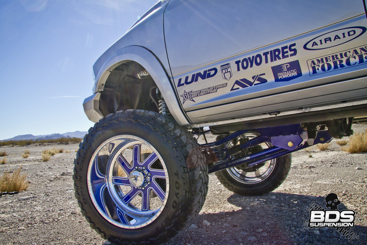 Silver Blue Custom Painted Truck Rims - Photo by BDS Suspensions