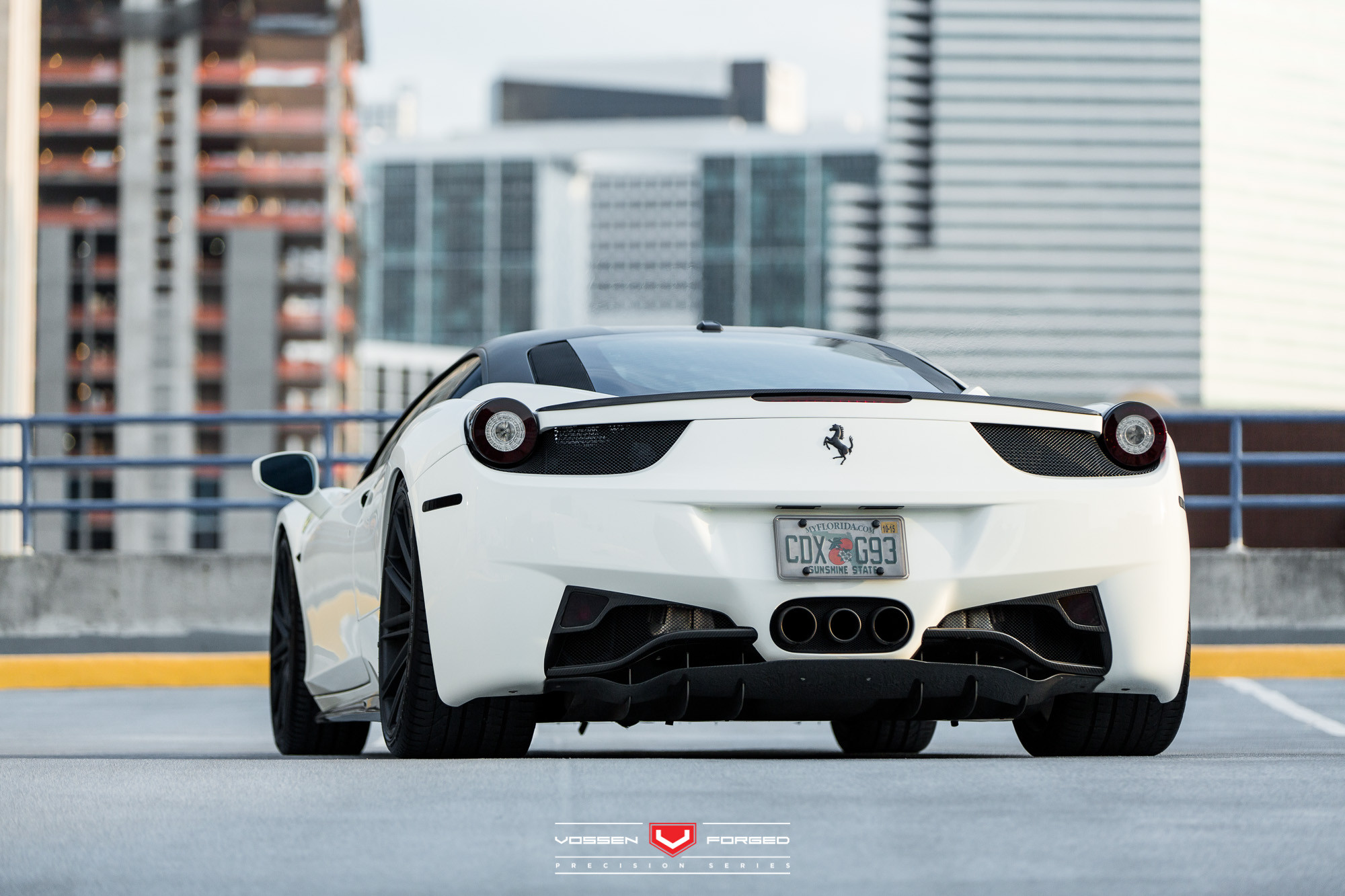 White Ferrari 458 with Aftermarket Carbon Fiber Rear Diffuser - Photo by Vossen