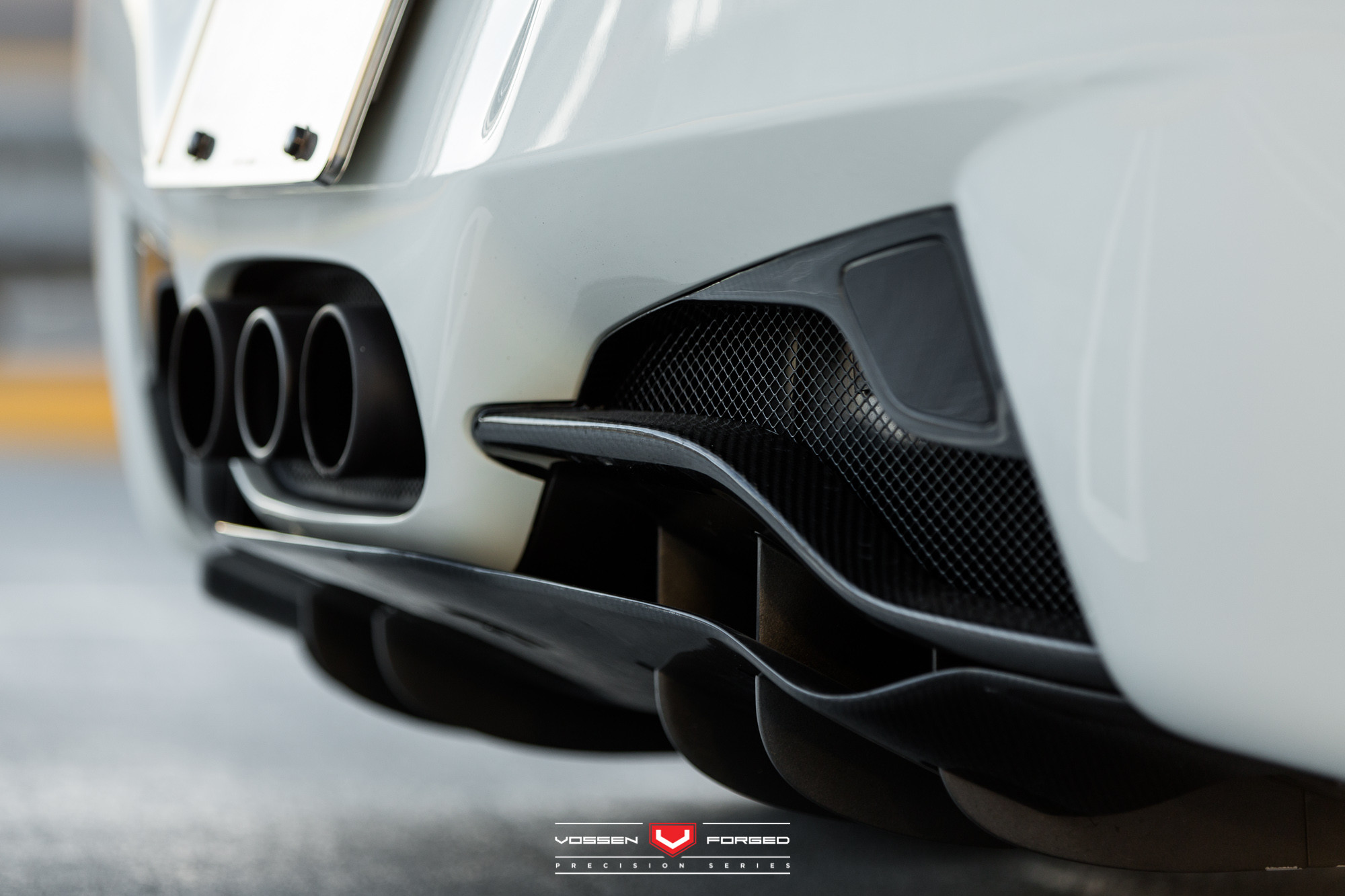 Carbon Fiber Rear Diffuser on Custom White Ferrari 458 - Photo by Vossen