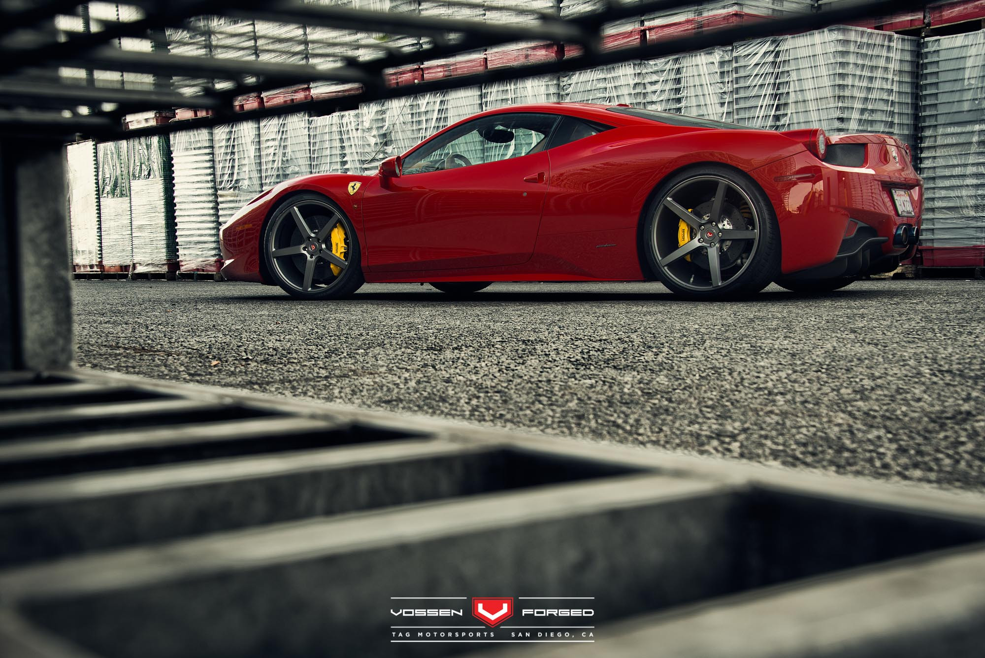 Dark Smoke Vossen Rims with Yellow Brakes on Ferrari 458 - Photo by Vossen