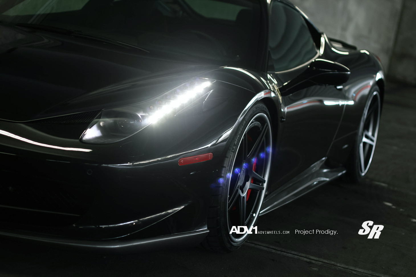 Aftermarket LED Headlights on Black Ferrari 458 - Photo by ADV.1