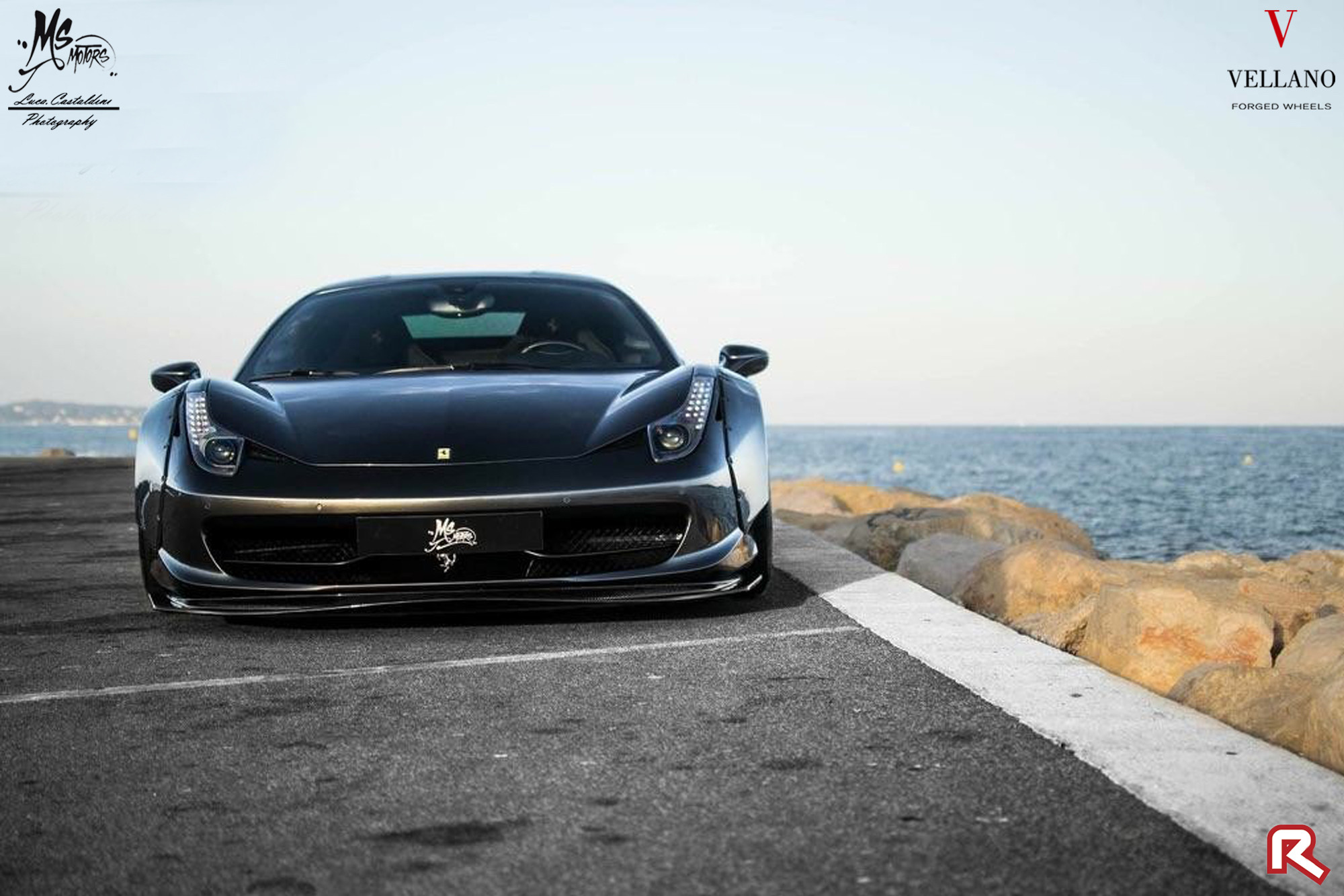 Black Ferrari 458 with Aftermarket LED Headlights - Photo by Vellano