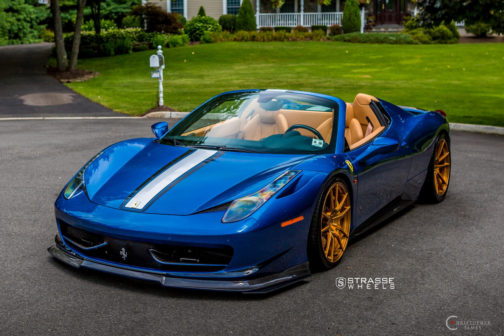 Blue Convertible Ferrari 458 with Carbon Fiber Front Lip - Photo by Strasse Forged