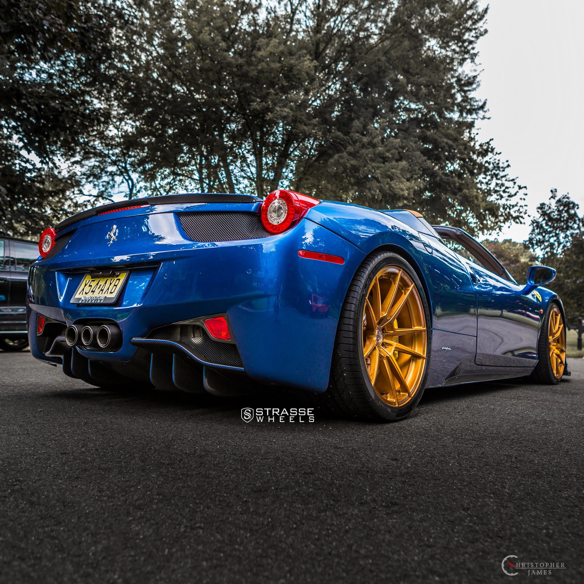 Carbon Fiber Rear Lip Spoiler on Blue Ferrari 458 - Photo by Strasse Forged