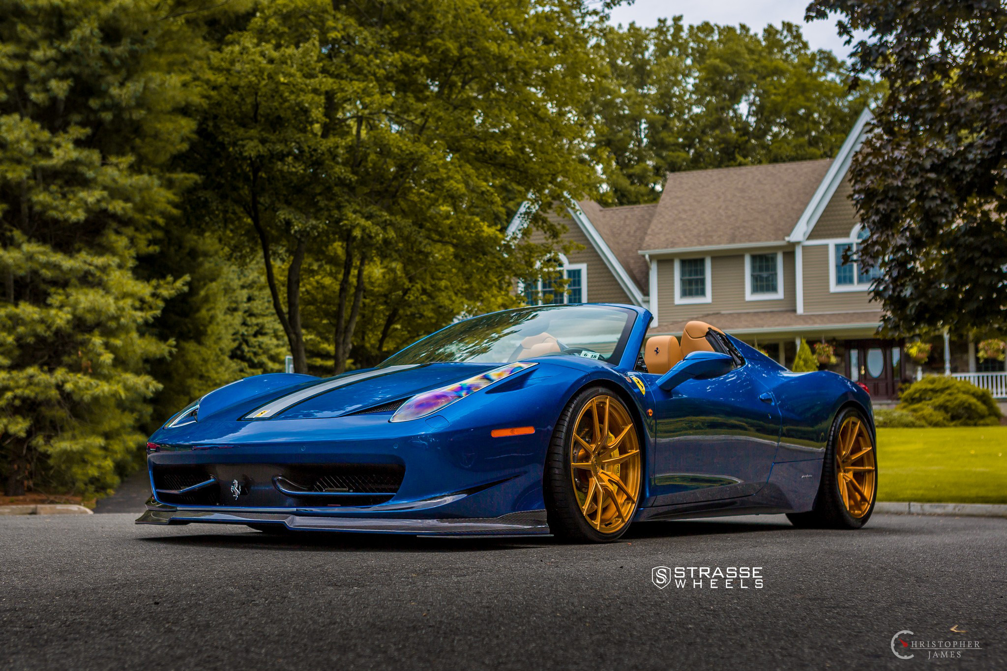 Blue Convertible Ferrari 458 with Custom Headlights - Photo by Strasse Forged
