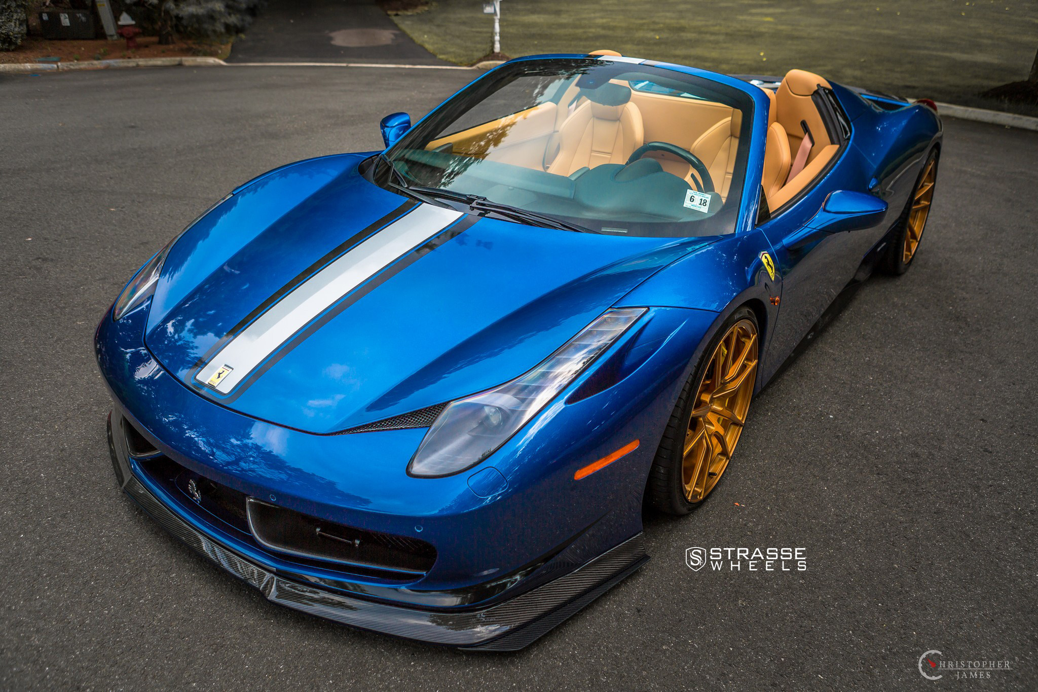 Blue Convertible Ferrari 458 with Golden Bronze Strasse Rims - Photo by Strasse Forged