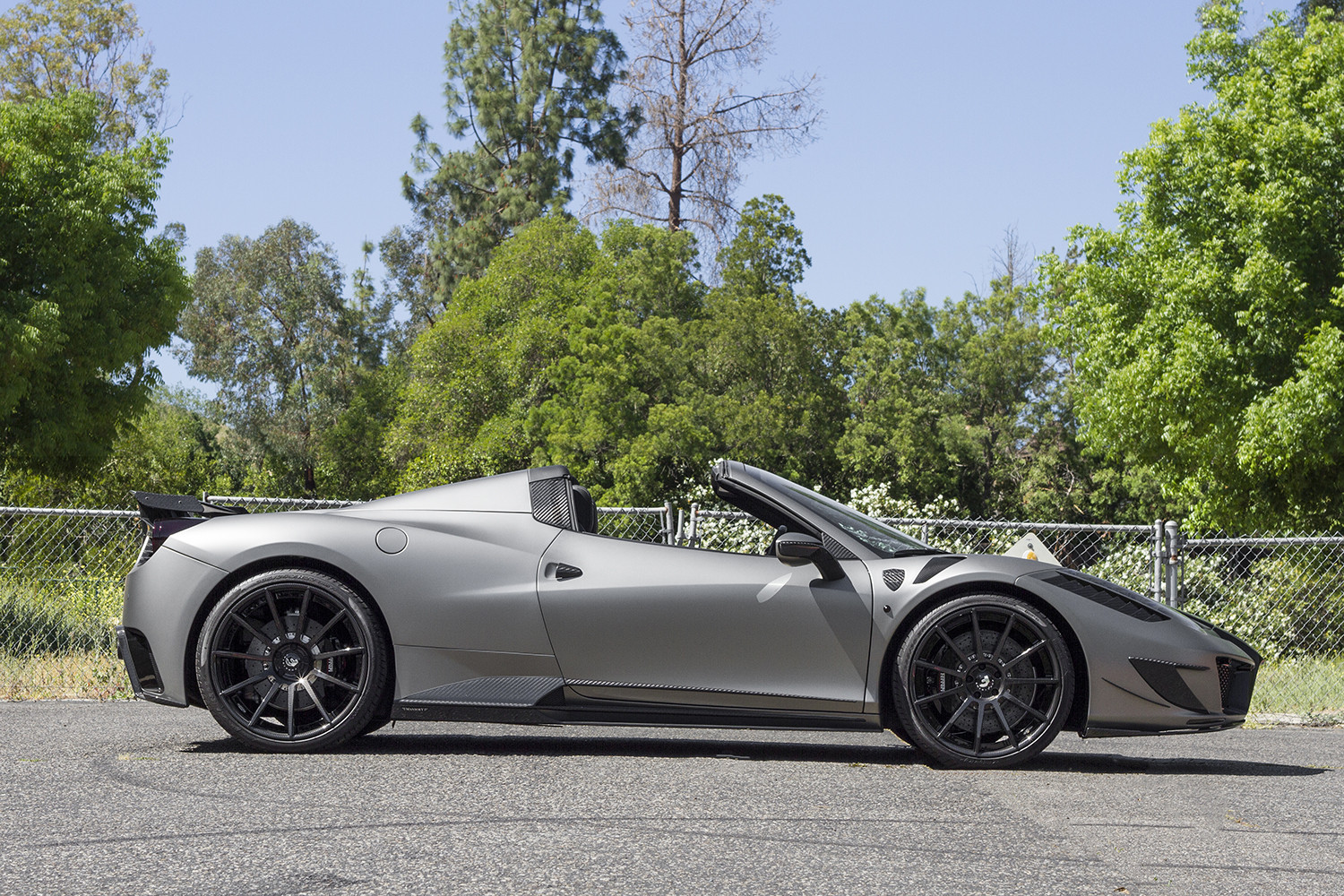 Gray Convertible Ferrari 458 with Carbon Fiber Side Skirts - Photo by Forgiato