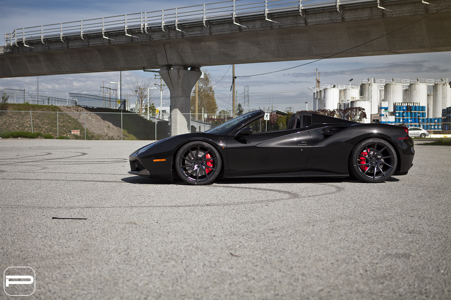 Aftermarket Side Skirts on Black Convertible Ferrari 488 - Photo by PUR Wheels