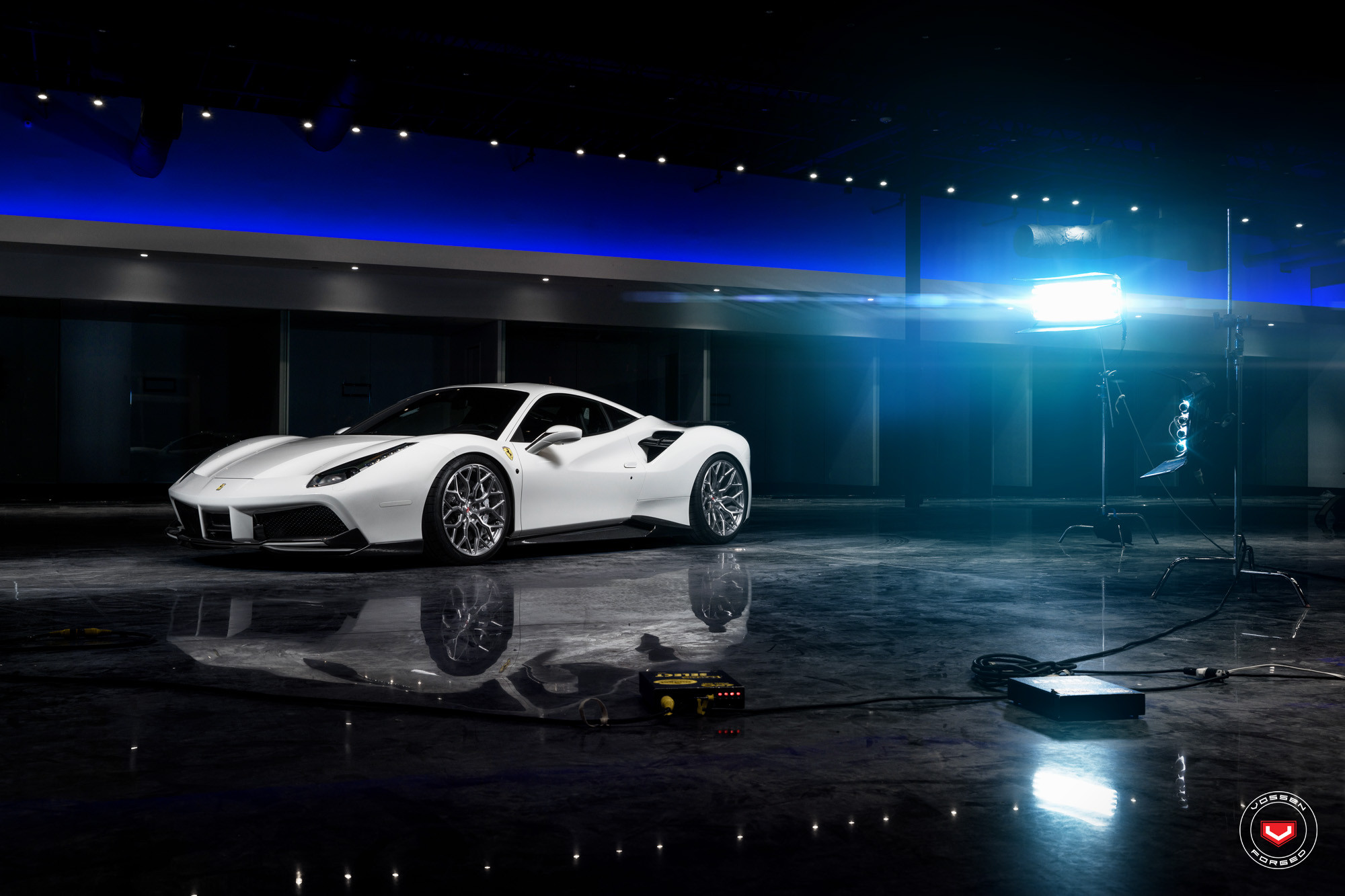 Dark Smoke LED Headlights on White Ferrari 488 - Photo by Vossen