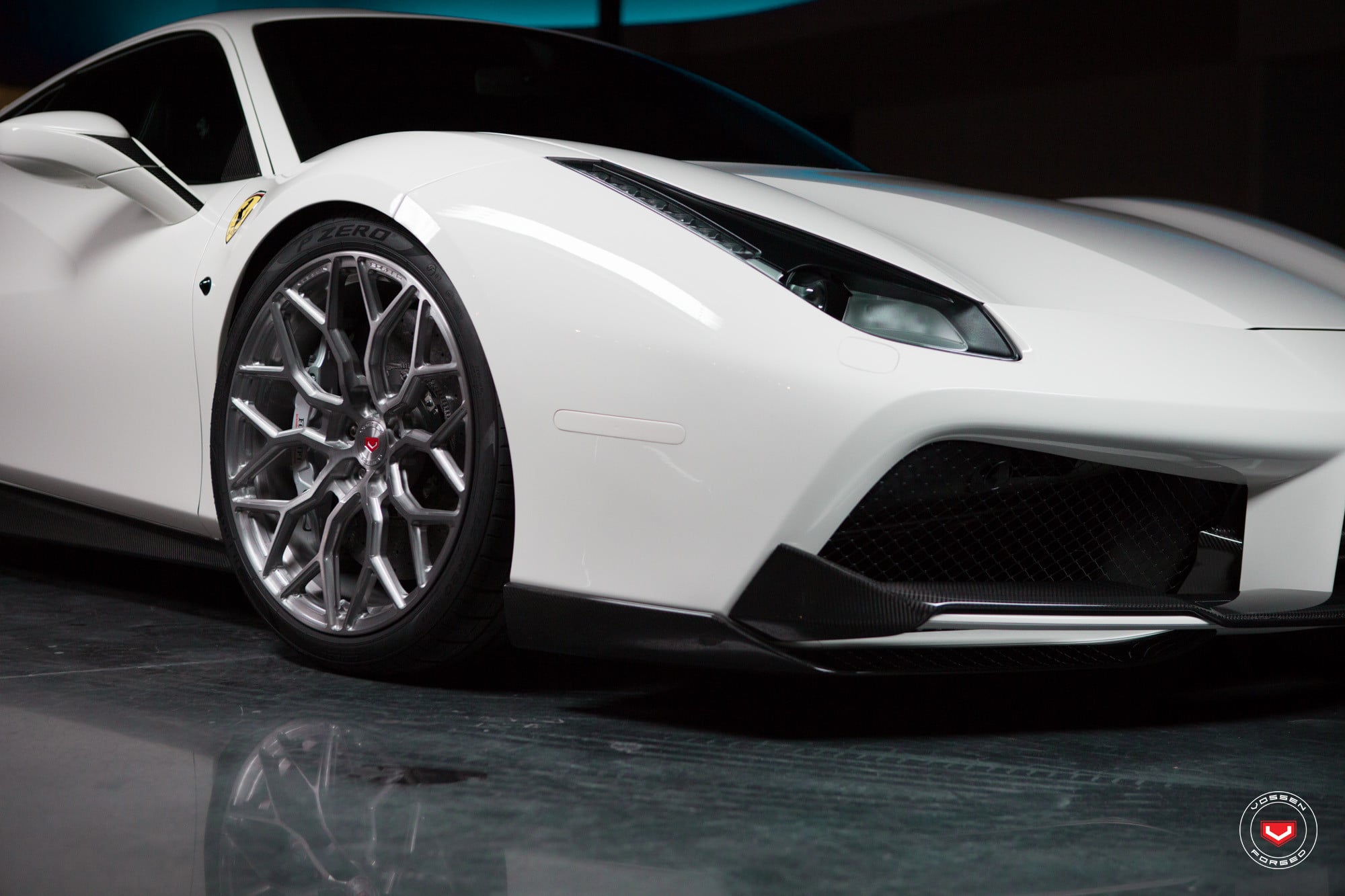 White Ferrari 488 with Carbon Fiber Front Lip - Photo by Vossen