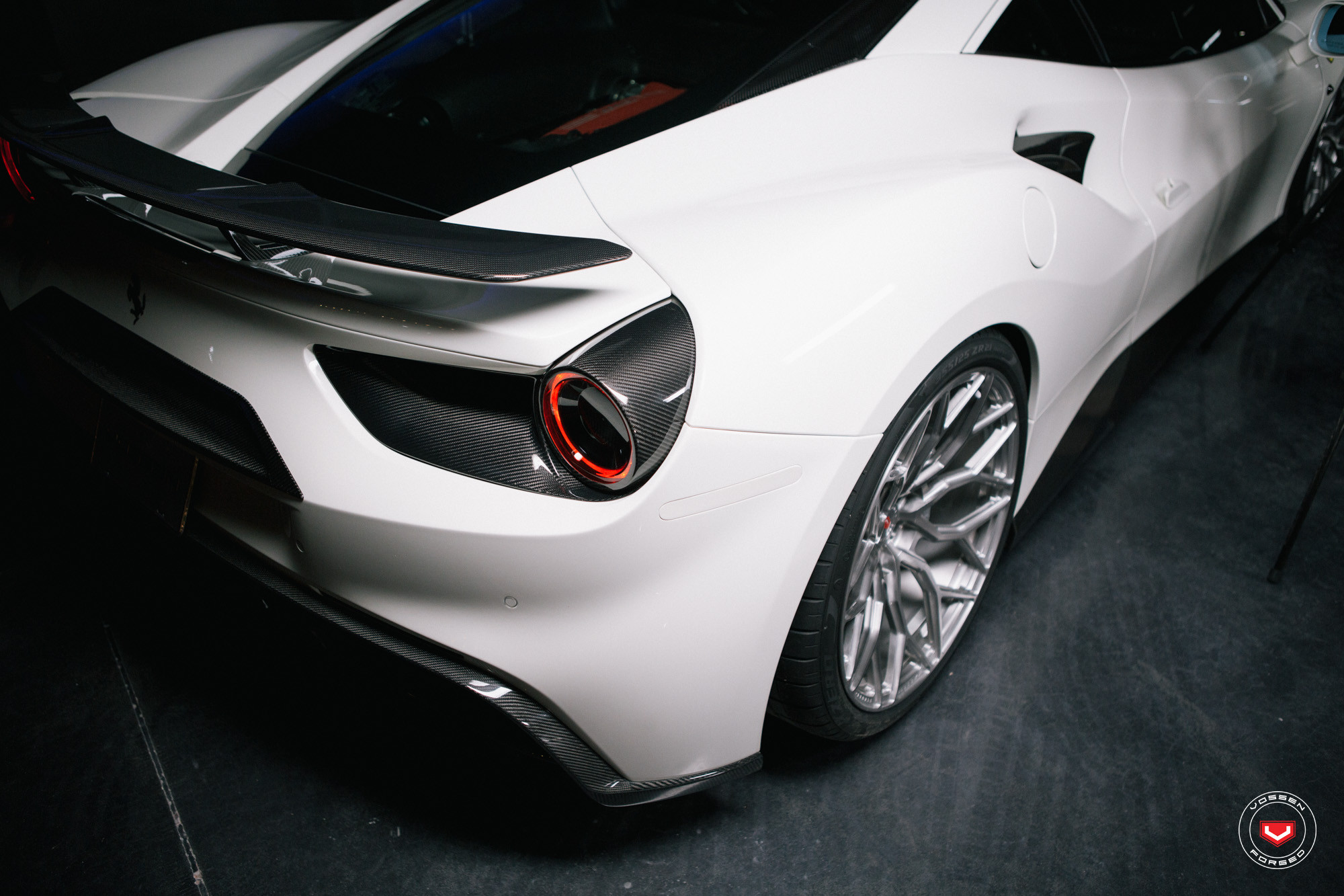 Carbon Fiber Wing Spoiler on White Ferrari 488 - Photo by Vossen