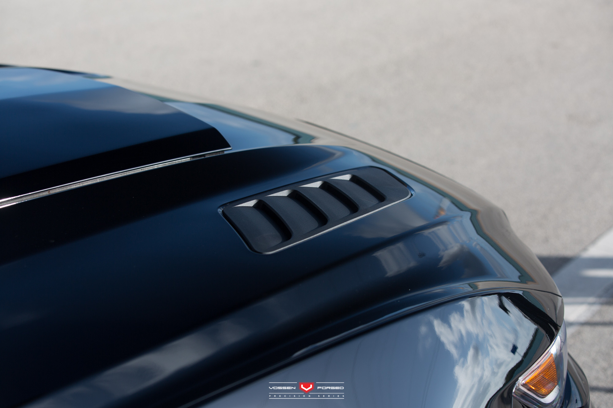 Custom Hood with Air Vents on Black Ford Mustang - Photo by Vossen