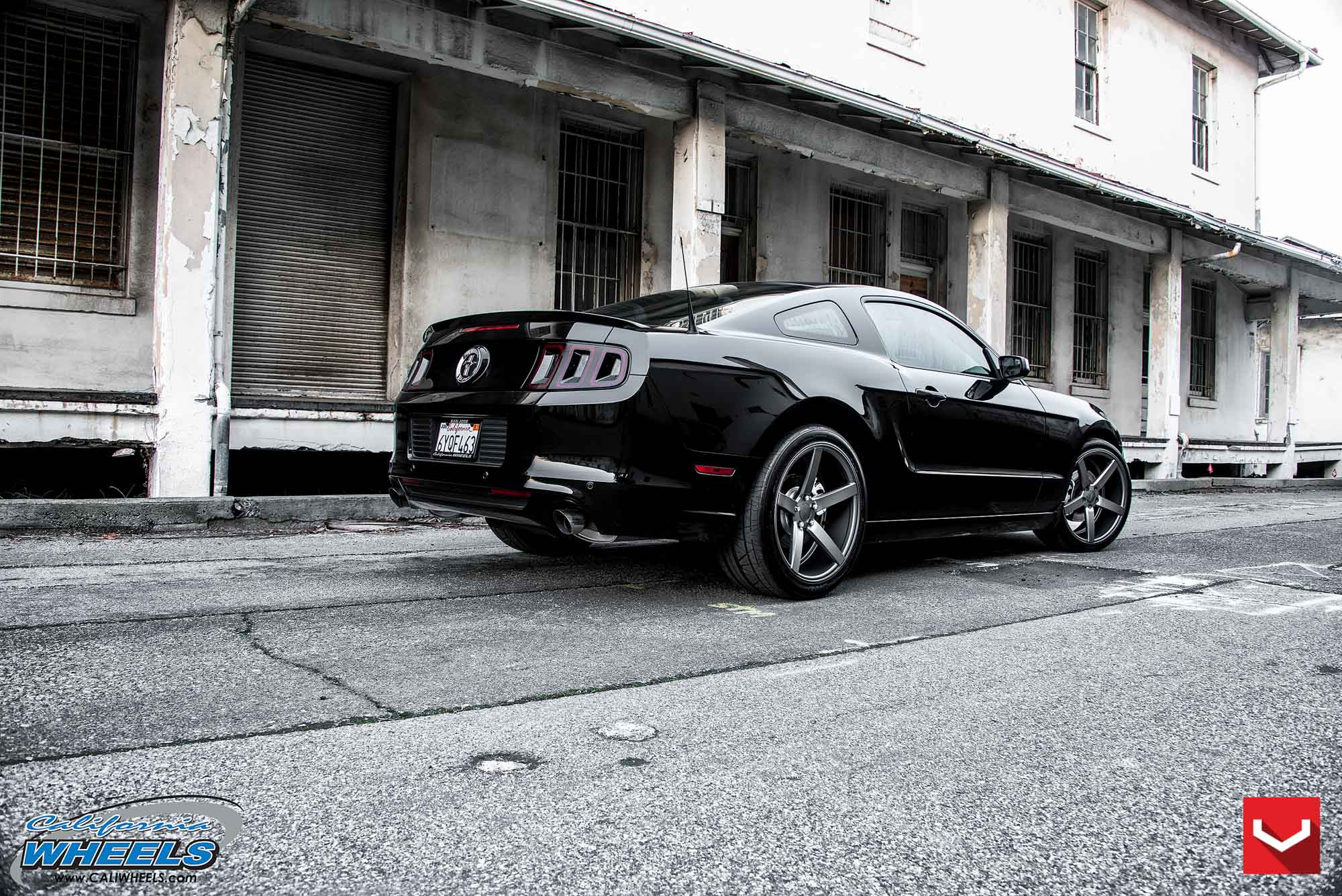 Custom Rear Spoiler on Gloss Black Ford Mustang - Photo by Vossen