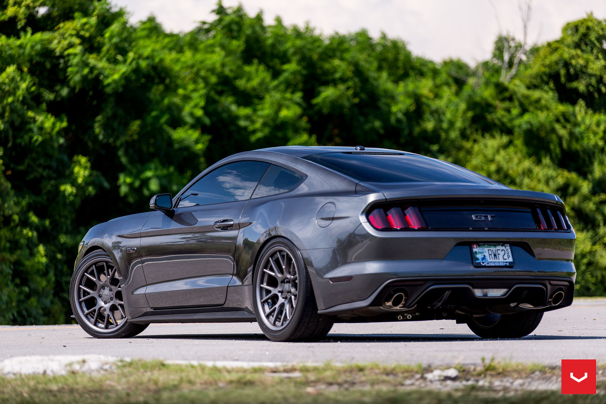 Custom Rear Diffuser with Single Exhaust Tips on Ford Mustang GT - Photo by Vossen