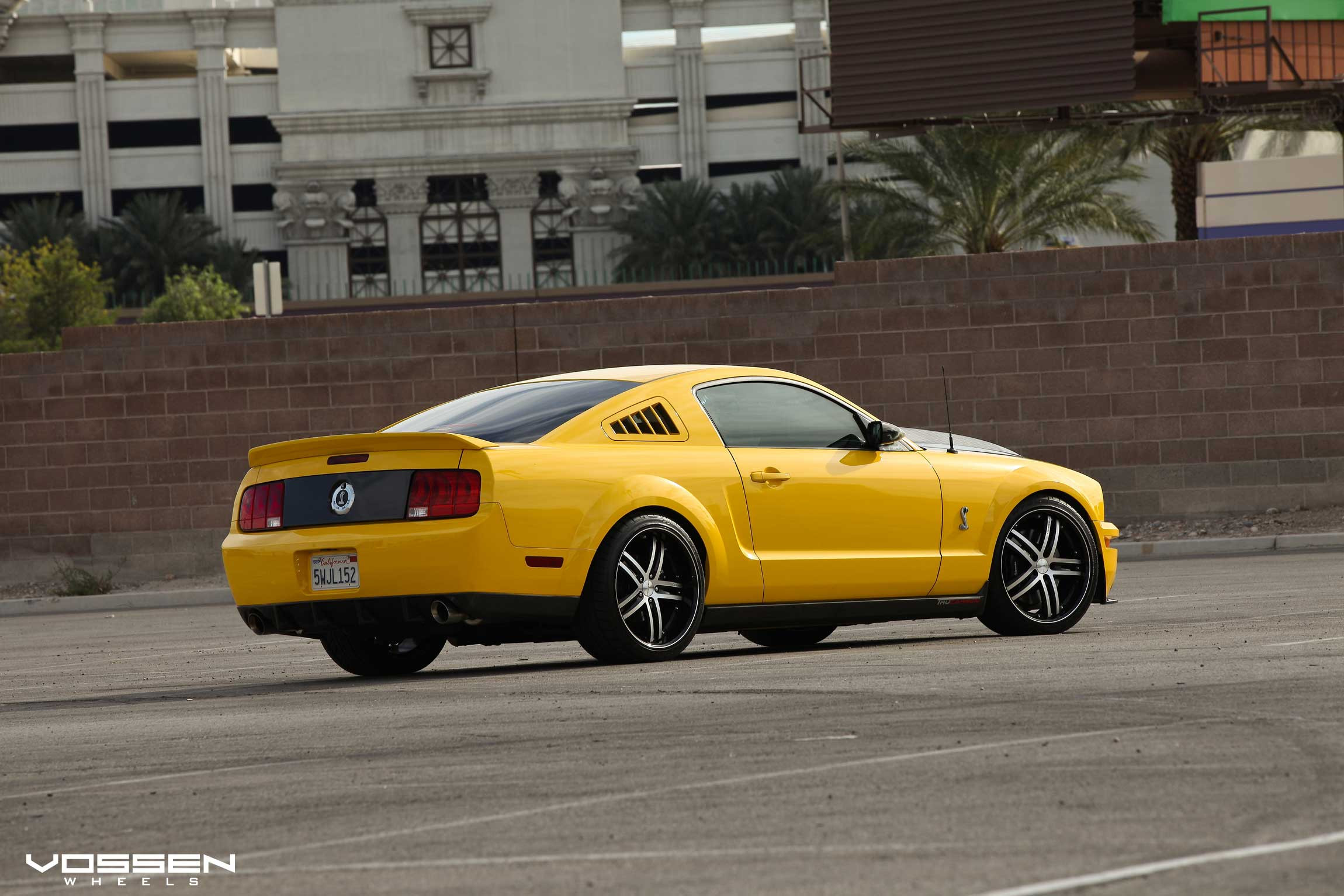 Side Window Louvers on Custom Yellow Ford Mustang - Photo by Vossen