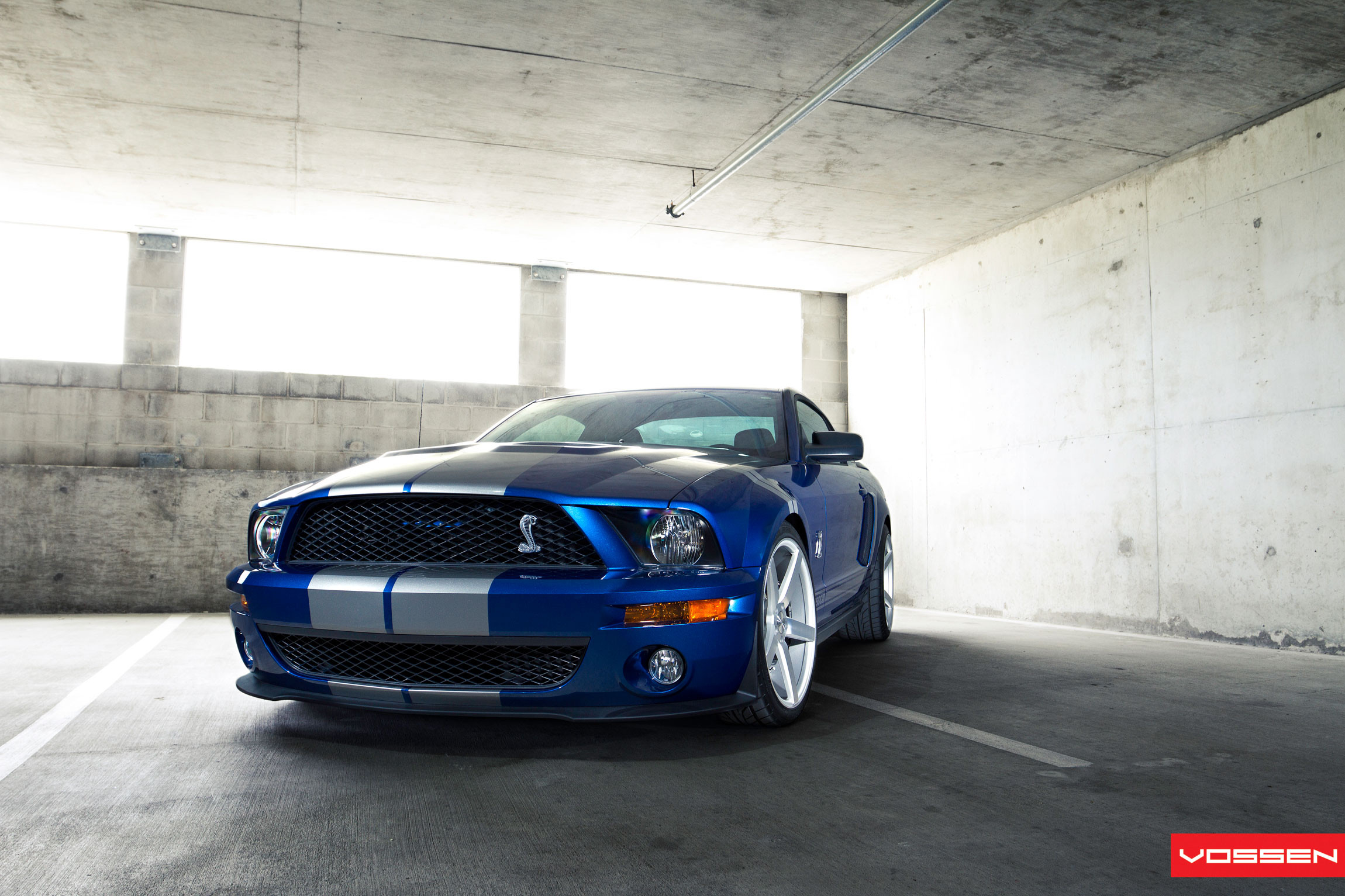 Custom Front Lip Spoiler on Blue Ford Mustang Shelby - Photo by Vossen