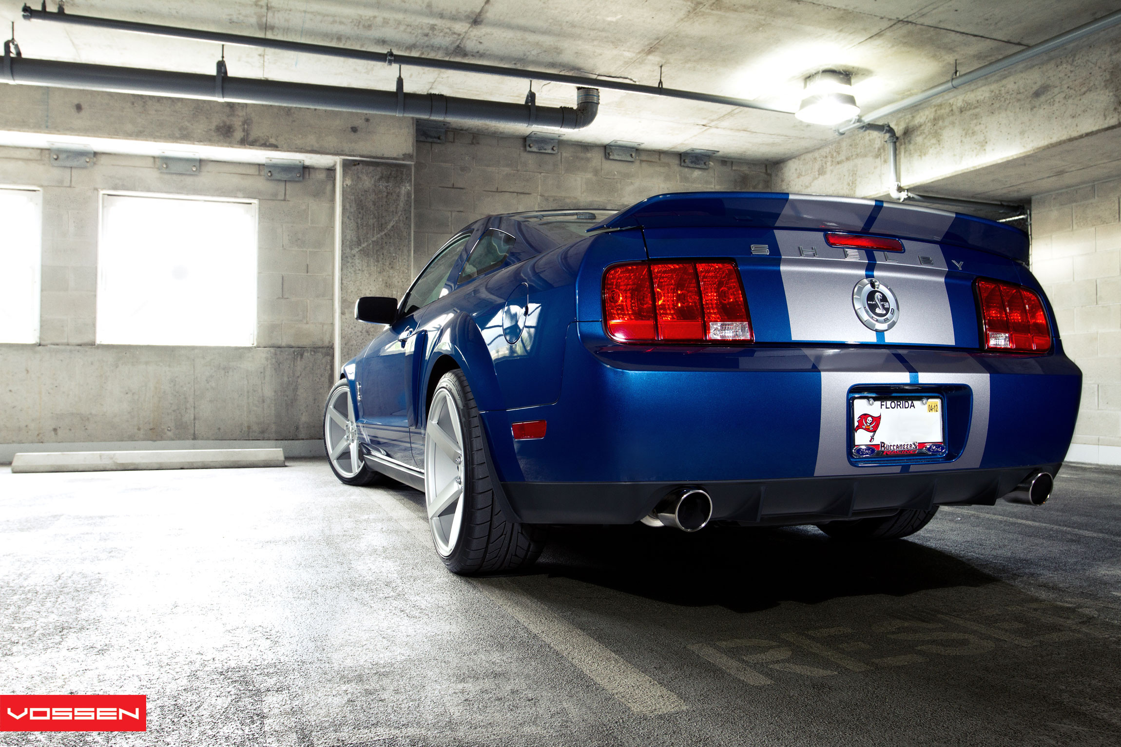 Large Rear Spoiler on Custom Blue Ford Mustang - Photo by Vossen