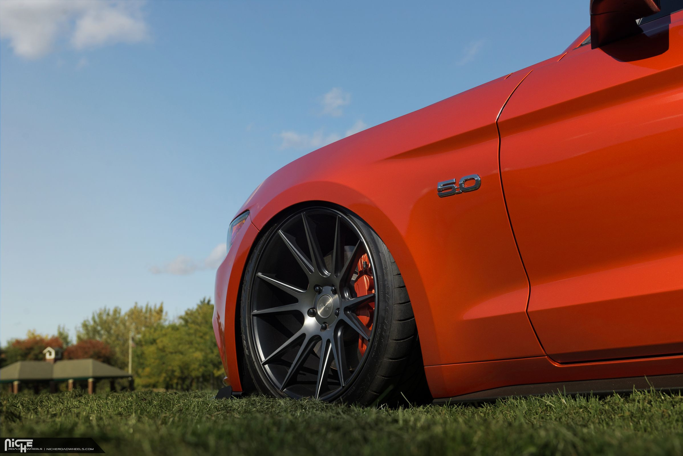 Niche Wheels with Orange Brakes on Custom Ford Mustang  - Photo by Niche