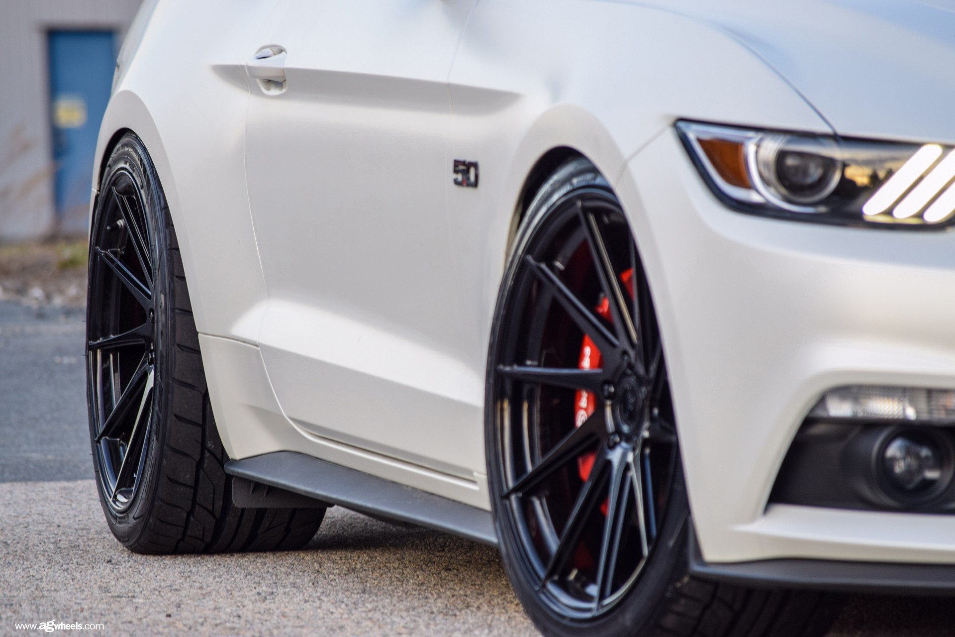 Aftermarket Side Skirts on White Ford Mustang - Photo by Avant Garde Wheels