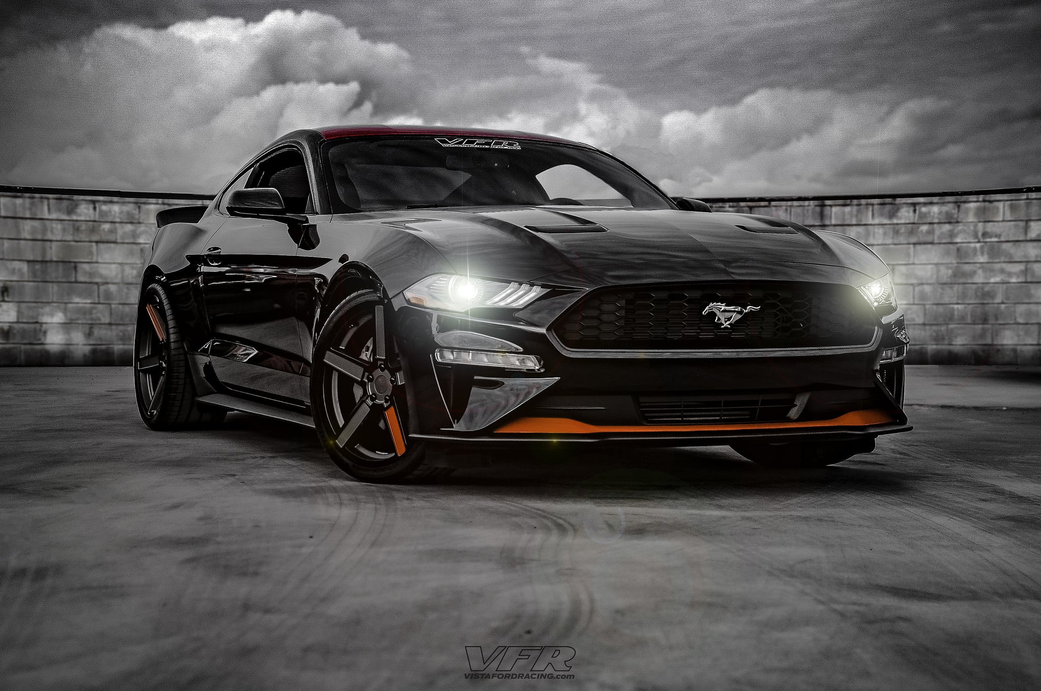 Black Ford Mustang with Aftermarket Vented Hood - Photo by TSW Alloy Wheels