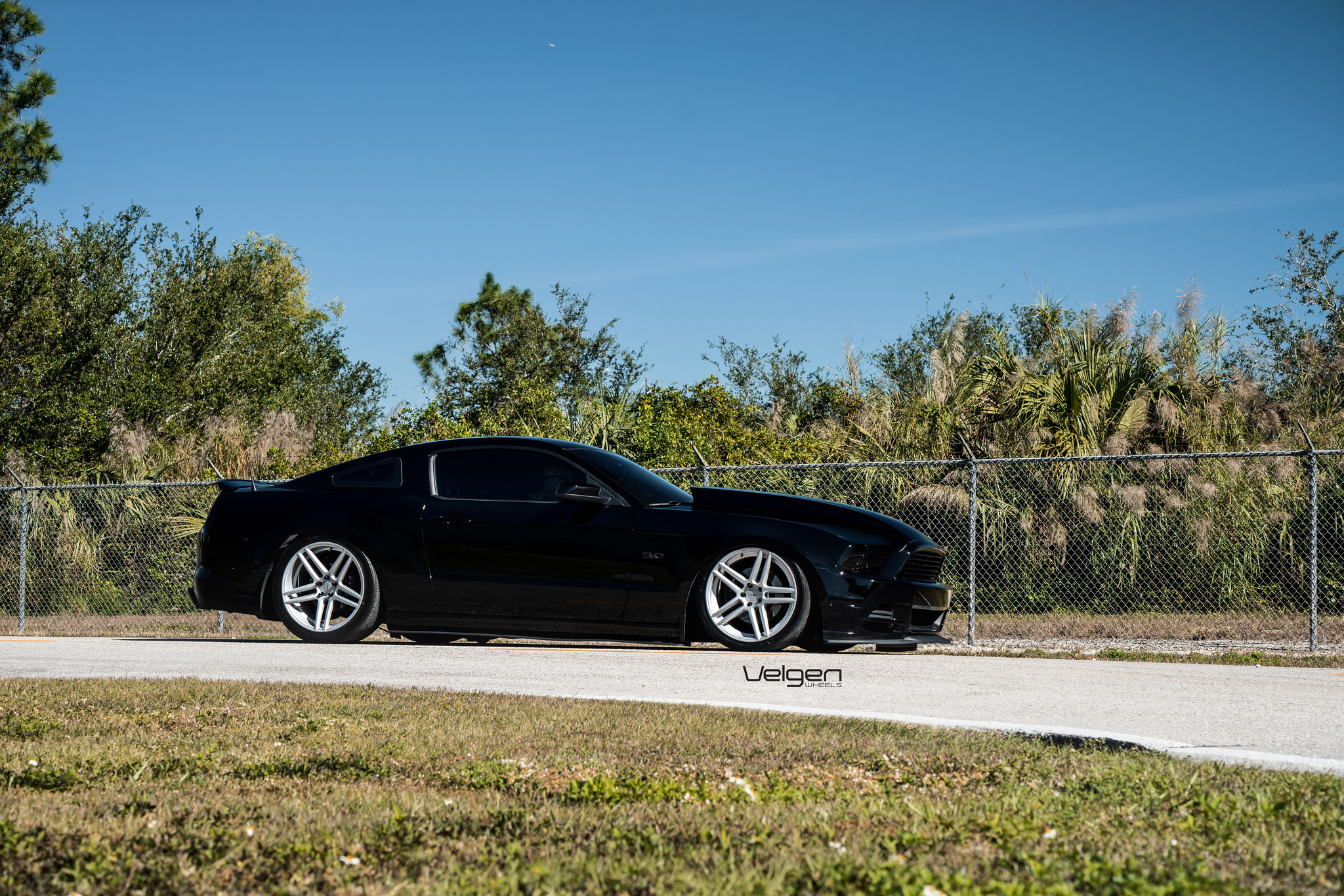Black Ford Mustang 5.0 with Aftermarket Side Skirts - Photo by Velgen