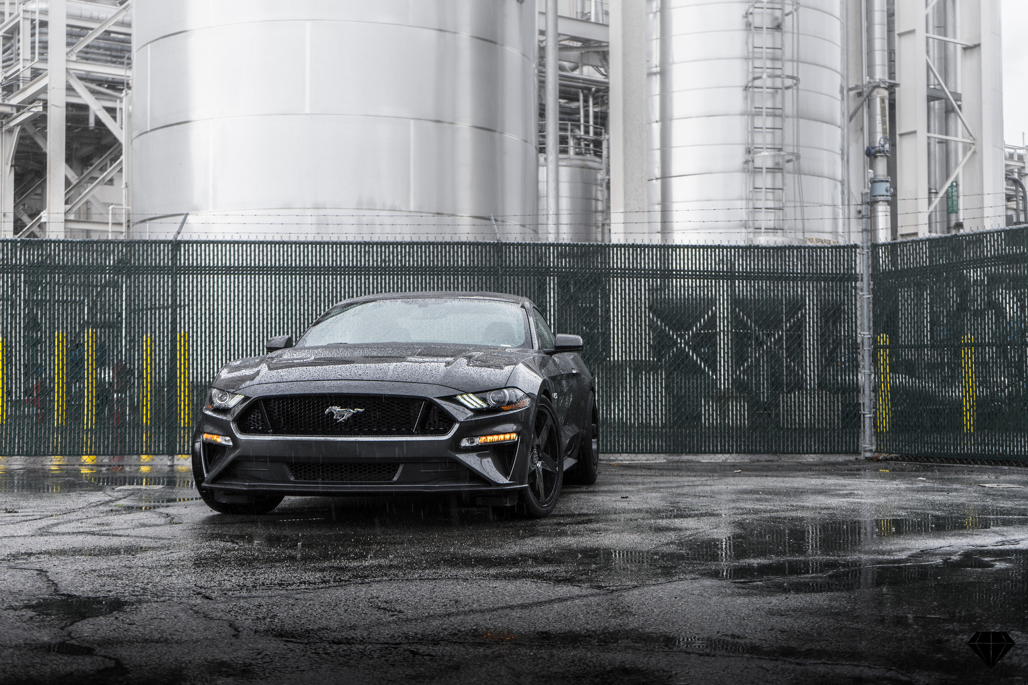 Front Bumper with LED Lights on Gray Ford Mustang - Photo by Blaque Diamond Wheels
