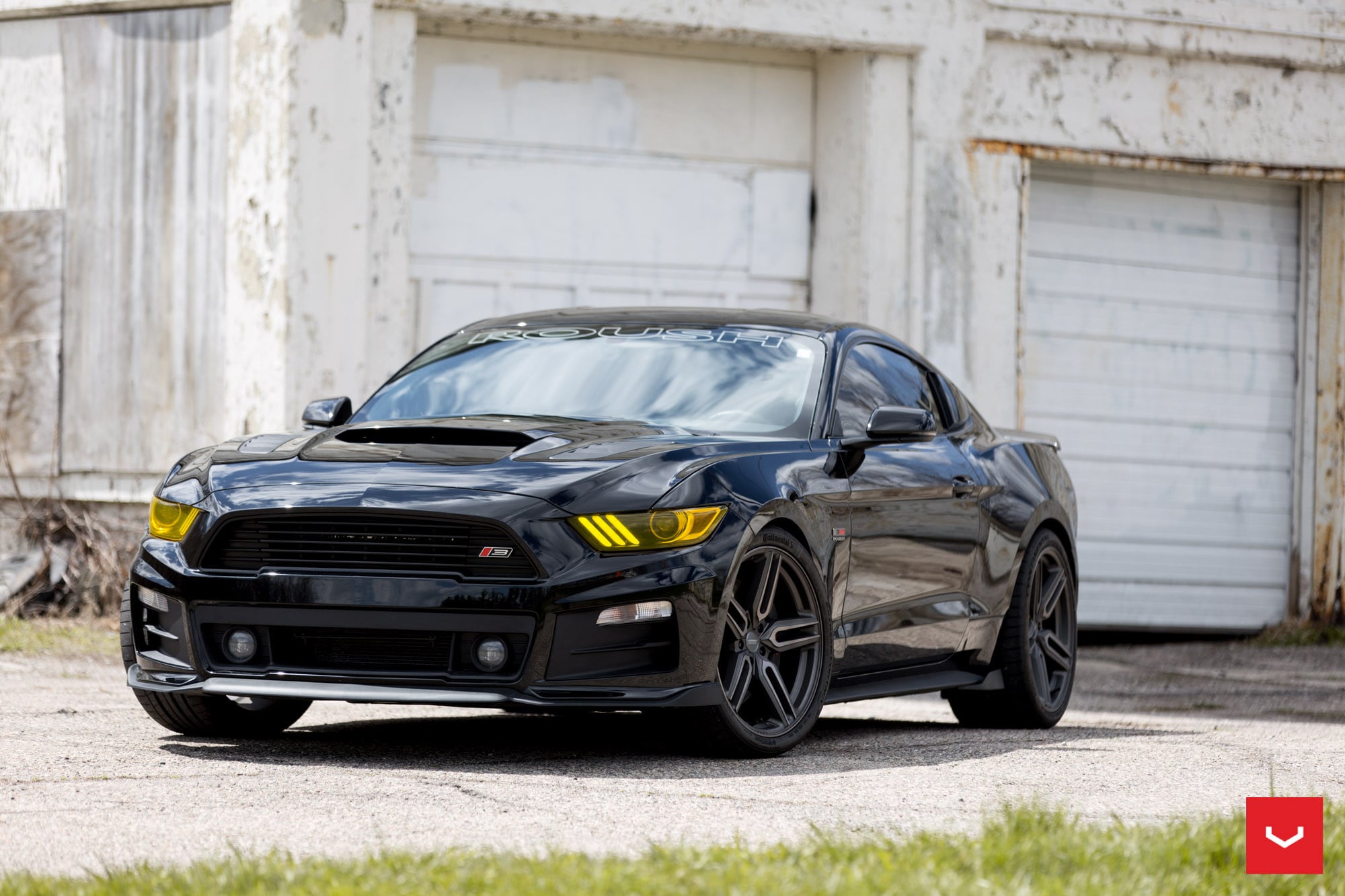 Custom Hood with Air Vents on Black Ford Mustang - Photo by Vossen