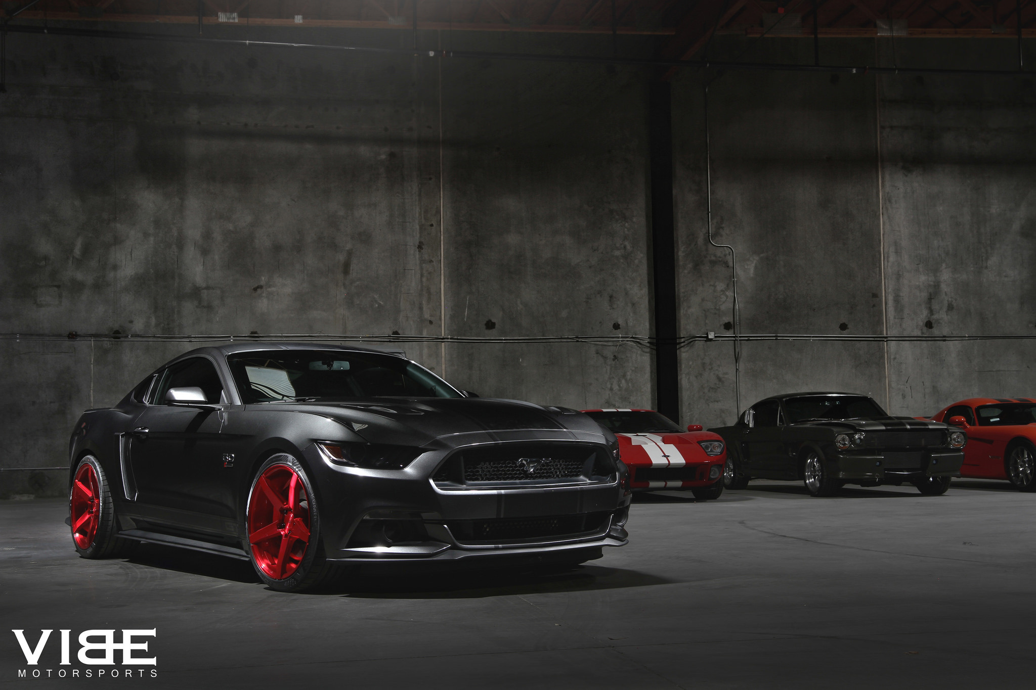 Furious Gun Metal Grey Mustang On Candy Red Custom Wheels - Photo by Vibe Motorsports
