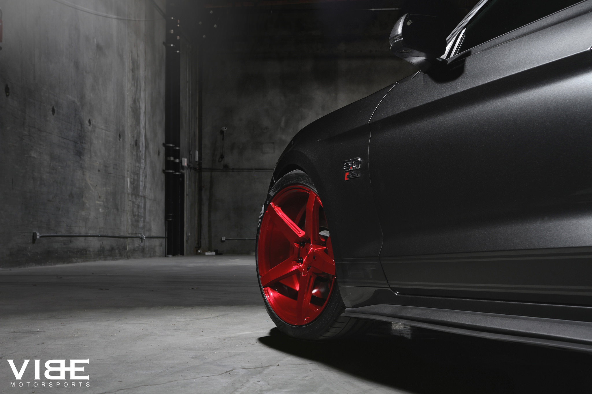 Velgen Candy Red Five Spoke Wheels On Mustang GT - Photo by Vibe Motorsports