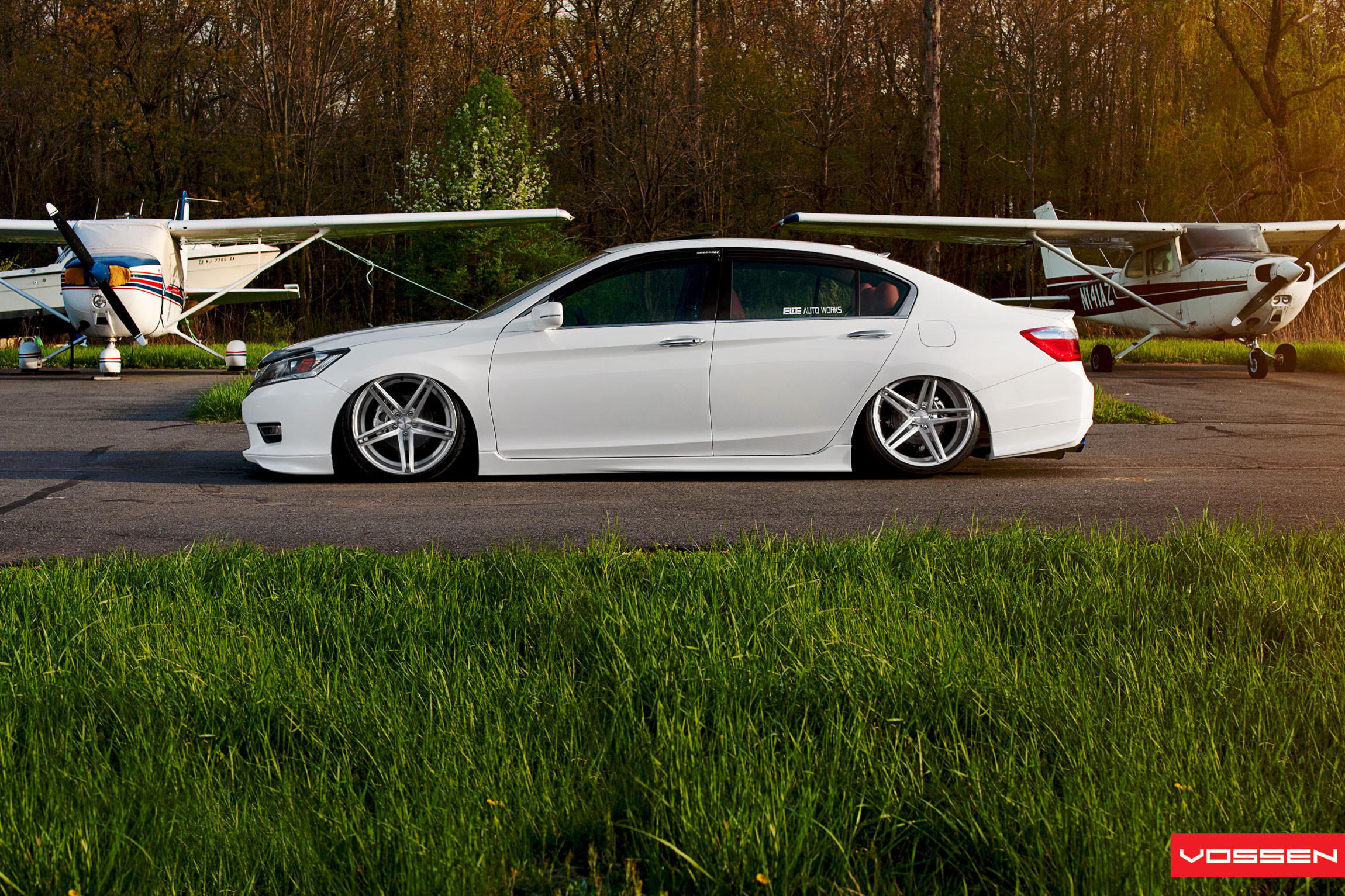 Aftermarket Side Skirts on White Stanced Honda Accord - Photo by Vossen